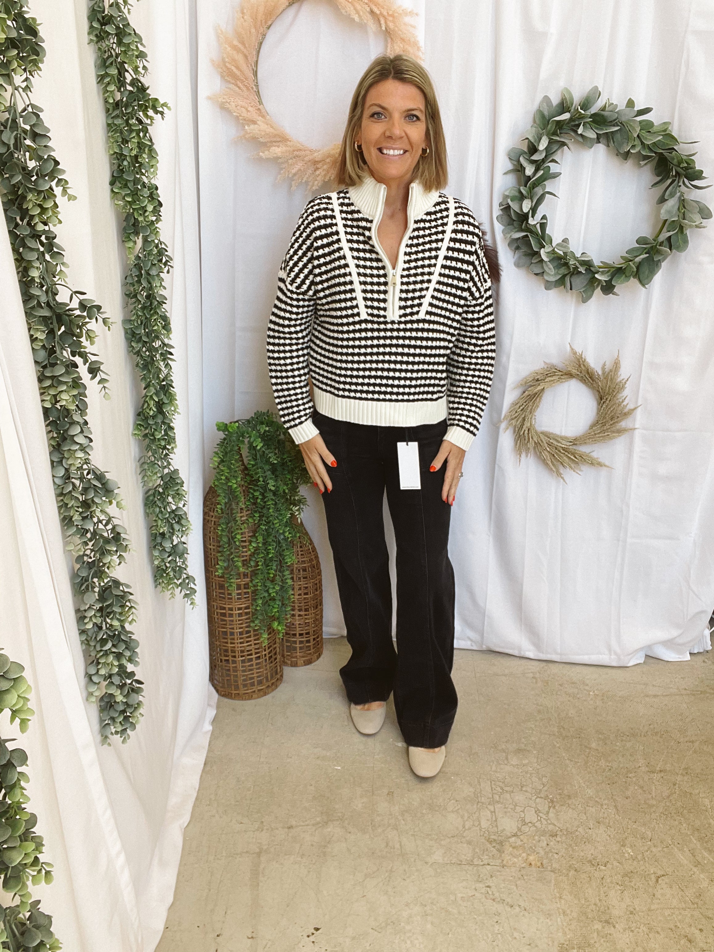 Elan Quarter Zip Stripe Sweater-Black-Sweaters-elan-The Silo Boutique, Women's Fashion Boutique Located in Warren and Grand Forks North Dakota