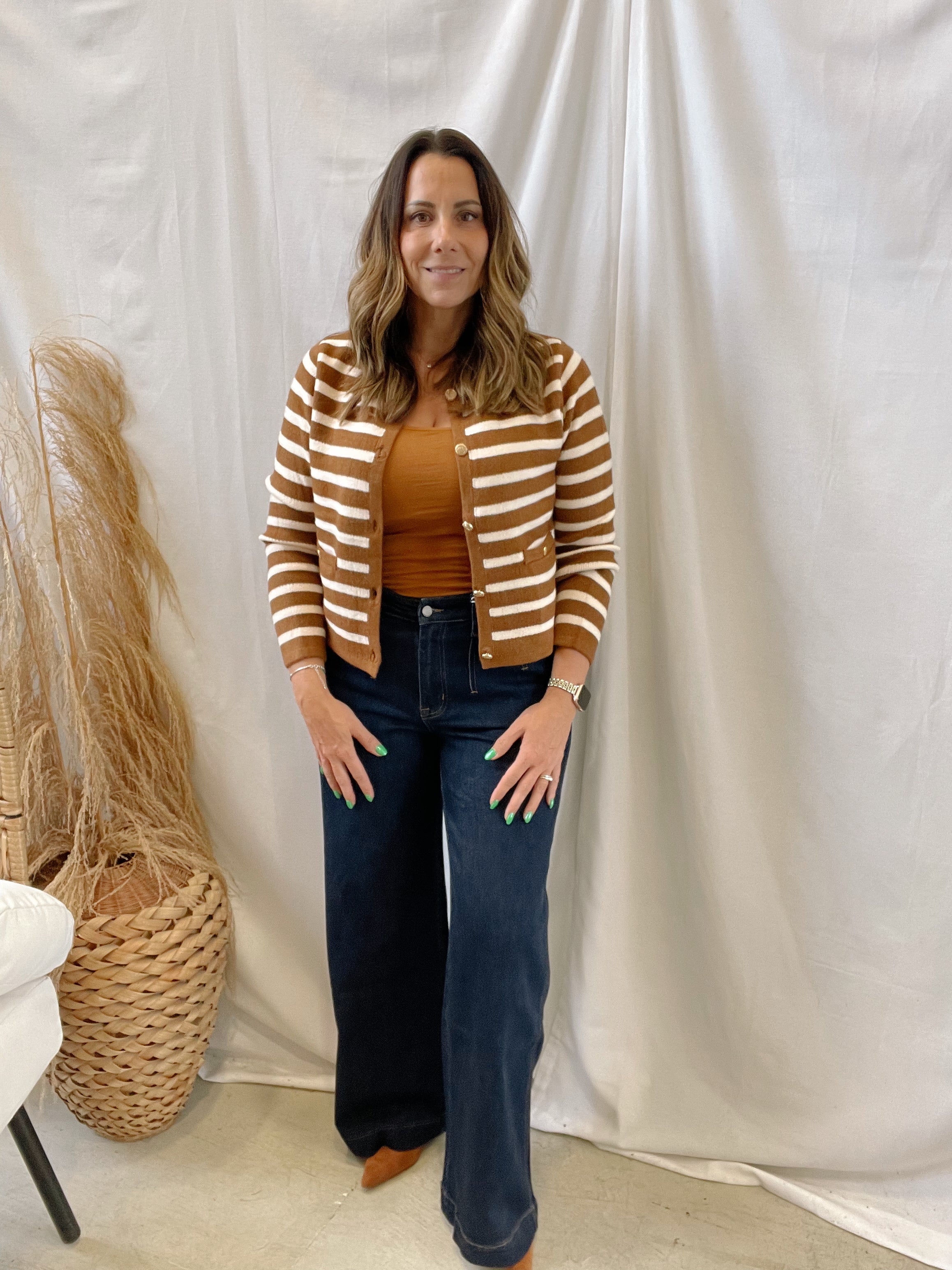 Brown Stripe Cardigan-Cardigans-ENTRO-The Silo Boutique, Women's Fashion Boutique Located in Warren and Grand Forks North Dakota