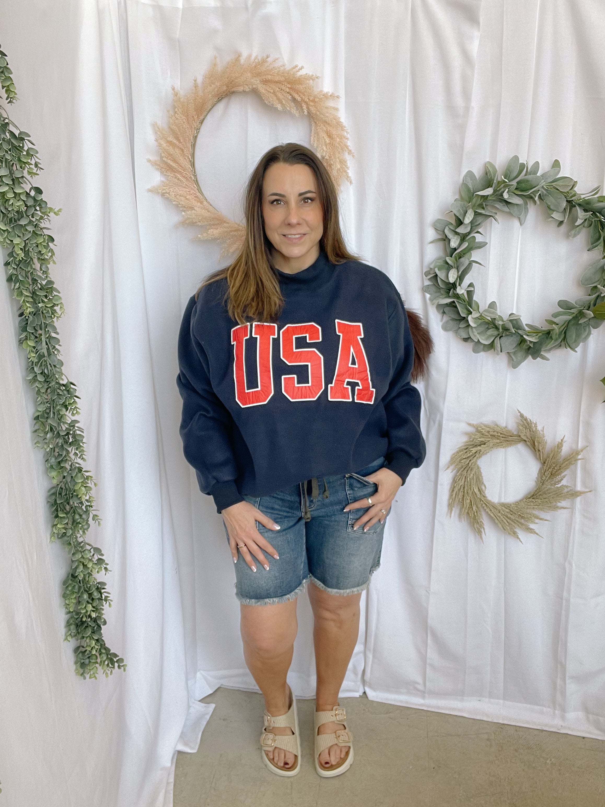 Bucketlist Flag/USA Reversible Sweatshirt-Navy-Sweatshirts-bucketlist-The Silo Boutique, Women's Fashion Boutique Located in Warren and Grand Forks North Dakota