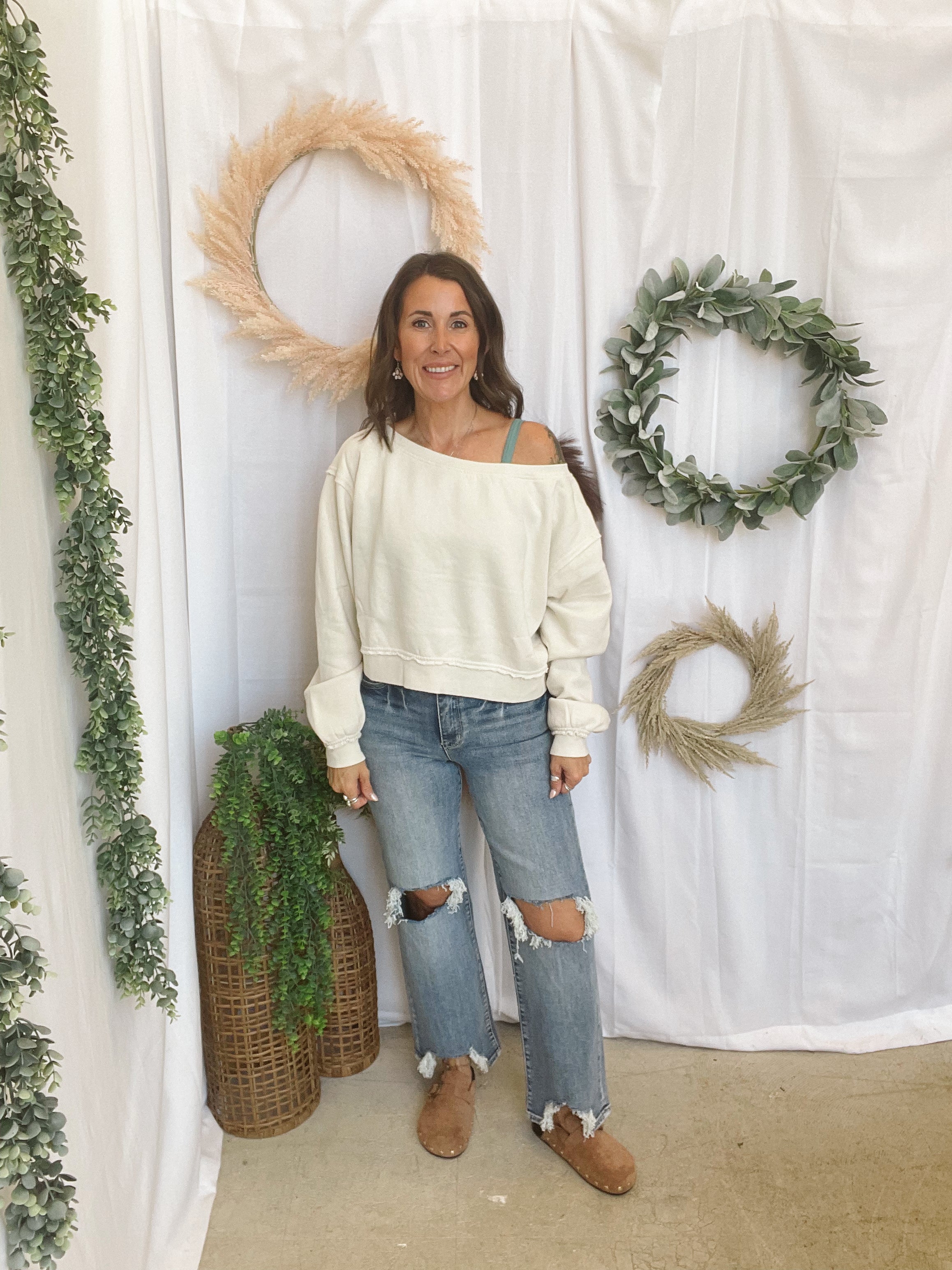 Raw Edge Off The Shoulder Sweatshirt-Cream-Sweatshirts-hyfve-The Silo Boutique, Women's Fashion Boutique Located in Warren and Grand Forks North Dakota
