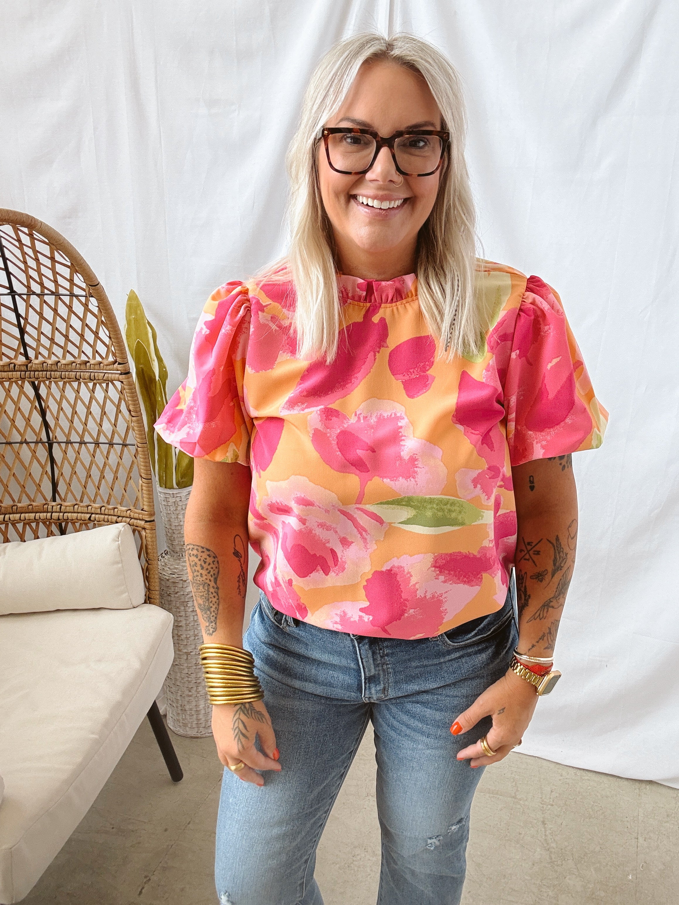 Cantaloupe Floral Vibes Top-Final Sale-Short Sleeve Tops-les amis-The Silo Boutique, Women's Fashion Boutique Located in Warren and Grand Forks North Dakota