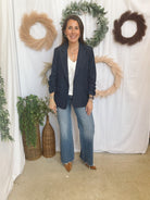 Skies Denim Ruched Sleeve Blazer-Blazers-skies are blue-The Silo Boutique, Women's Fashion Boutique Located in Warren and Grand Forks North Dakota