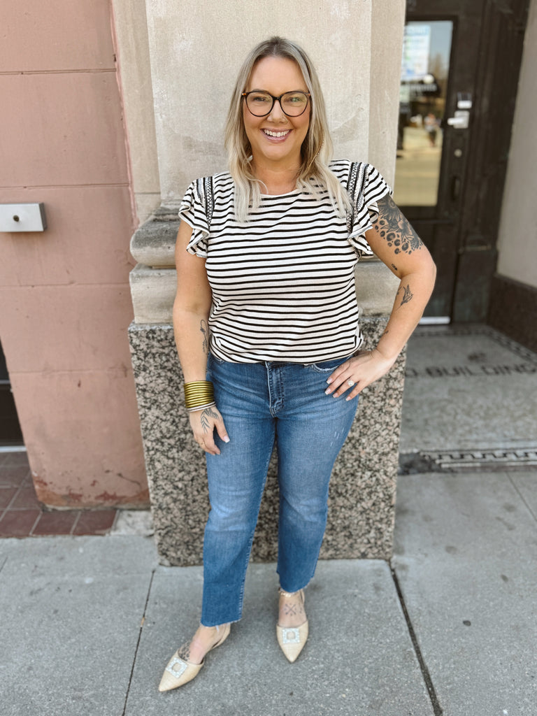 Black and Cream Striped Top-Short Sleeve Tops-stacatto-The Silo Boutique, Women's Fashion Boutique Located in Warren and Grand Forks North Dakota