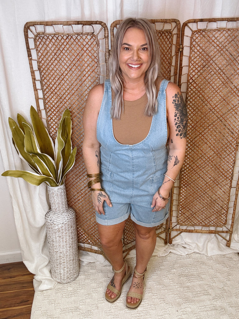 Feeling Free Denim Romper-Jumpsuits & Rompers-wishlist-The Silo Boutique, Women's Fashion Boutique Located in Warren and Grand Forks North Dakota