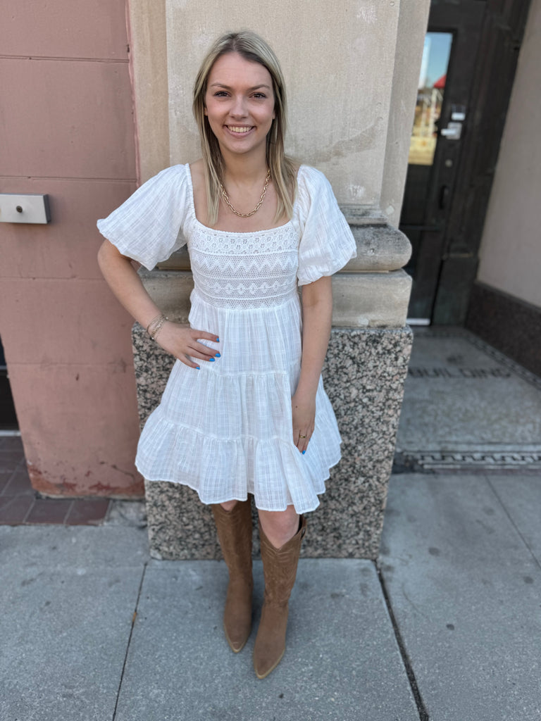 Crochet Bubble Sleeve Babydoll Dress-Dresses-hem and thread-The Silo Boutique, Women's Fashion Boutique Located in Warren and Grand Forks North Dakota