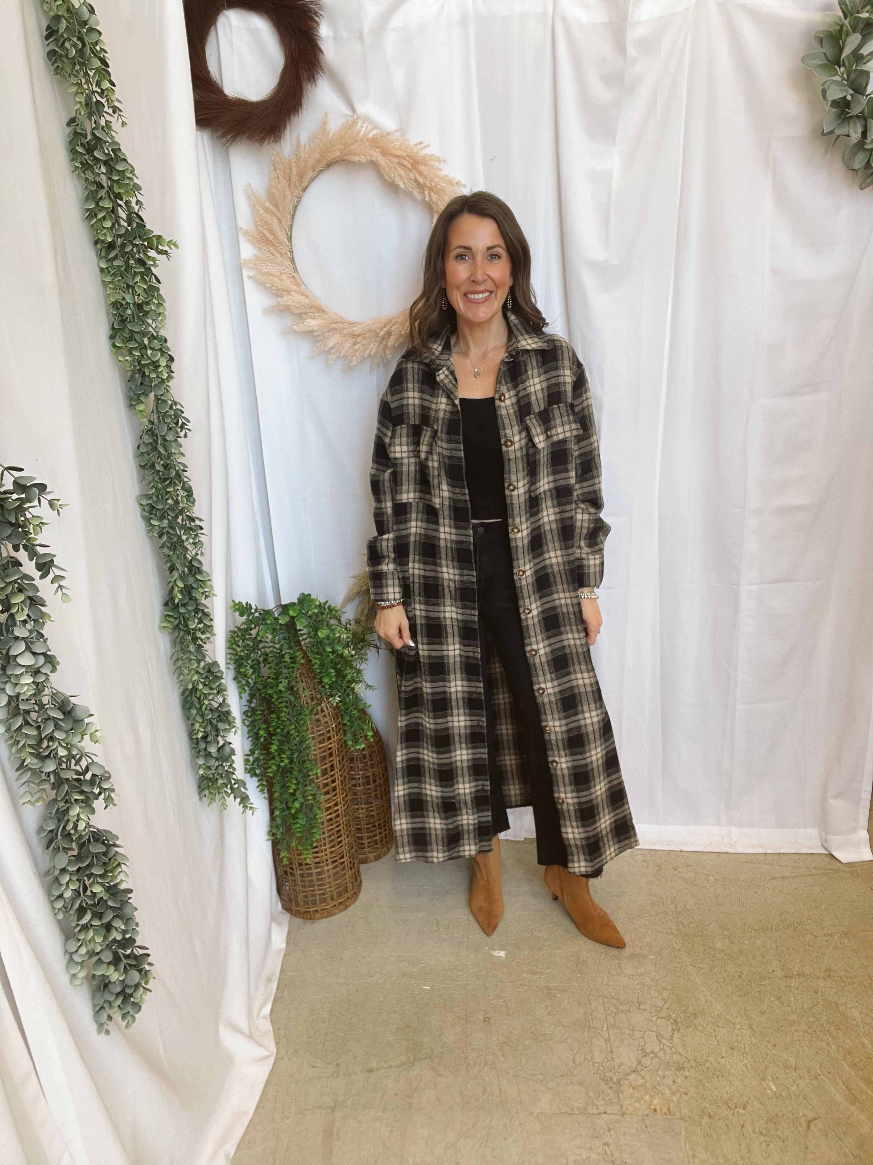 Panache Long Flannel-Black Mix-Cardigans-panaache-The Silo Boutique, Women's Fashion Boutique Located in Warren and Grand Forks North Dakota