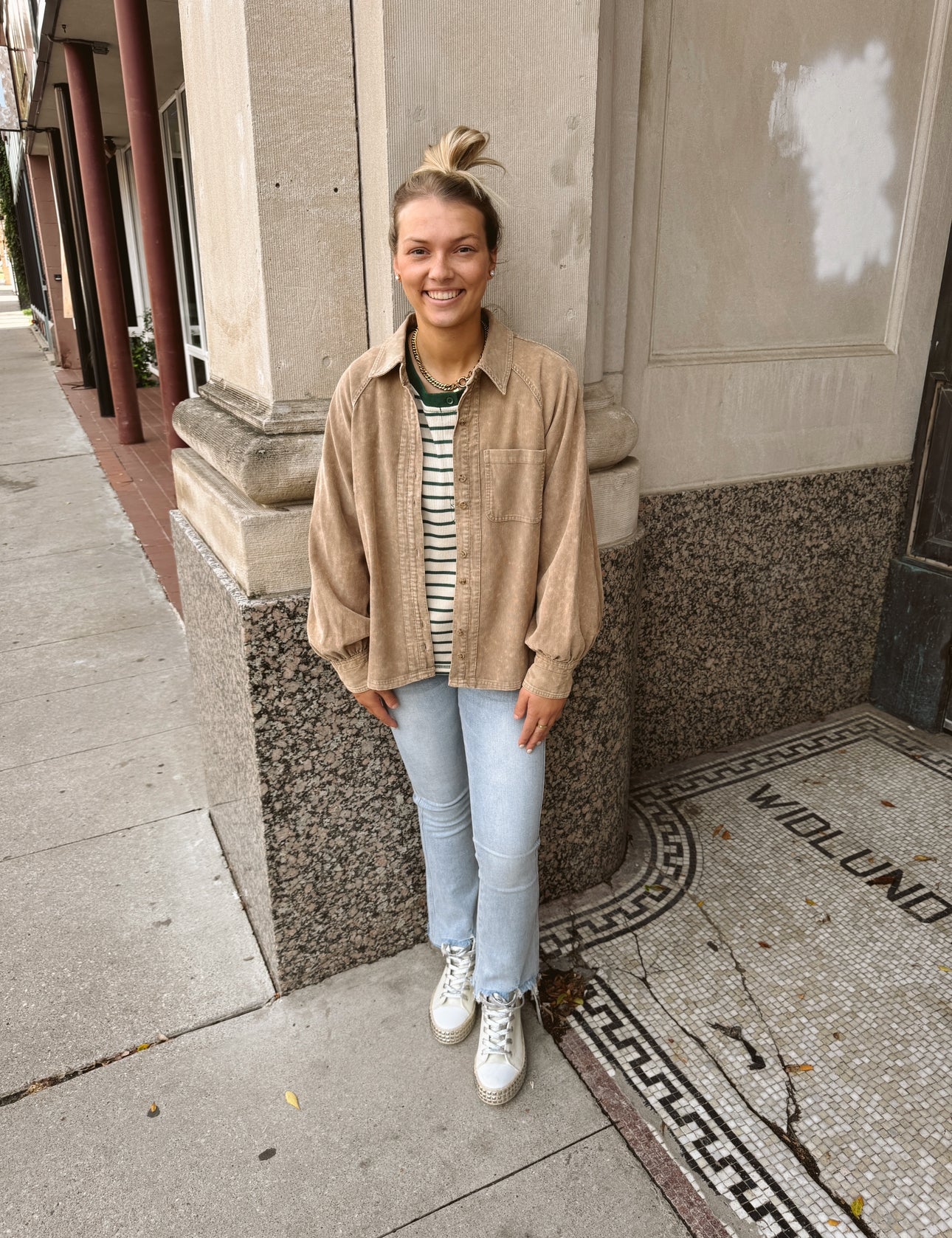 Corded Washed Button Down Top-Taupe-Long Sleeve Tops-jodifl-The Silo Boutique, Women's Fashion Boutique Located in Warren and Grand Forks North Dakota