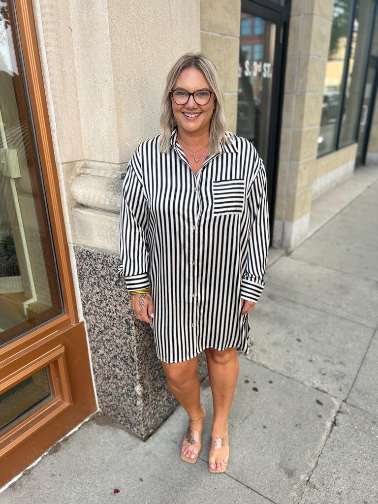 Black and White Striped Shirt Dress-Dresses-eesome-The Silo Boutique, Women's Fashion Boutique Located in Warren and Grand Forks North Dakota