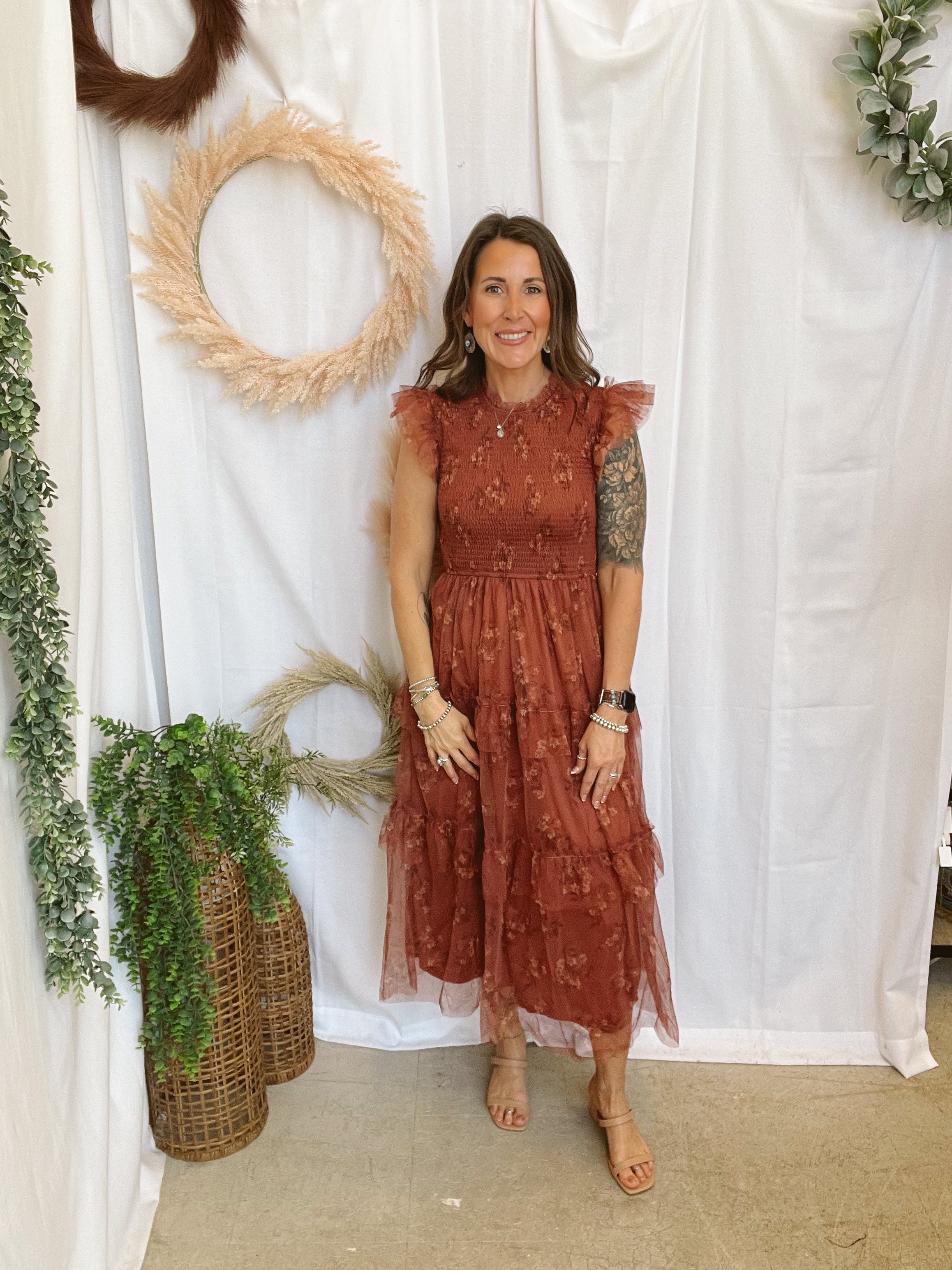 Tia Ruffle Floral Dress-Terracotta-Dresses-blu pepper-The Silo Boutique, Women's Fashion Boutique Located in Warren and Grand Forks North Dakota