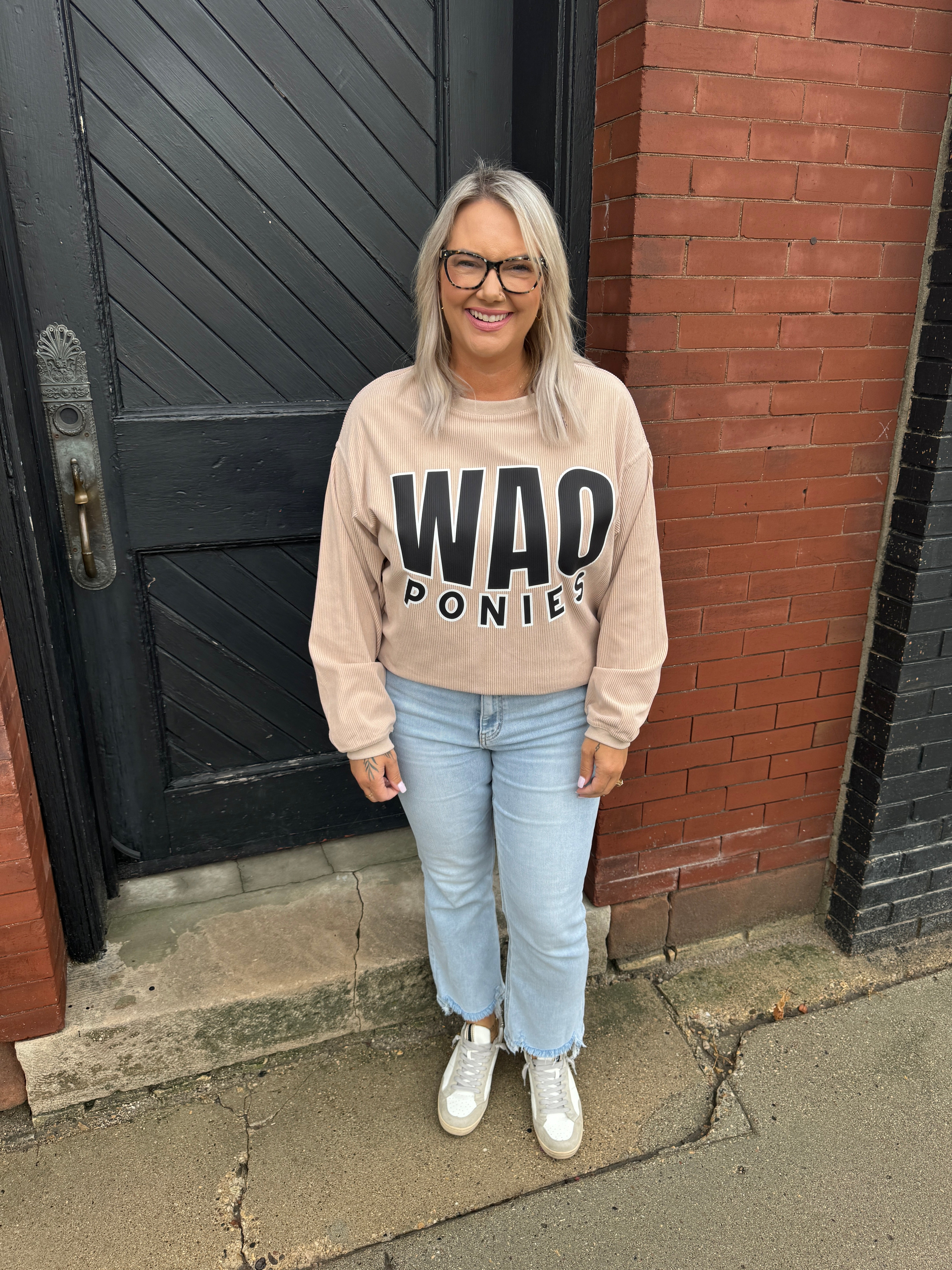 WAO Ponies Corded Crew Neck Top-Tan-Long Sleeve Tops-j lee-The Silo Boutique, Women's Fashion Boutique Located in Warren and Grand Forks North Dakota