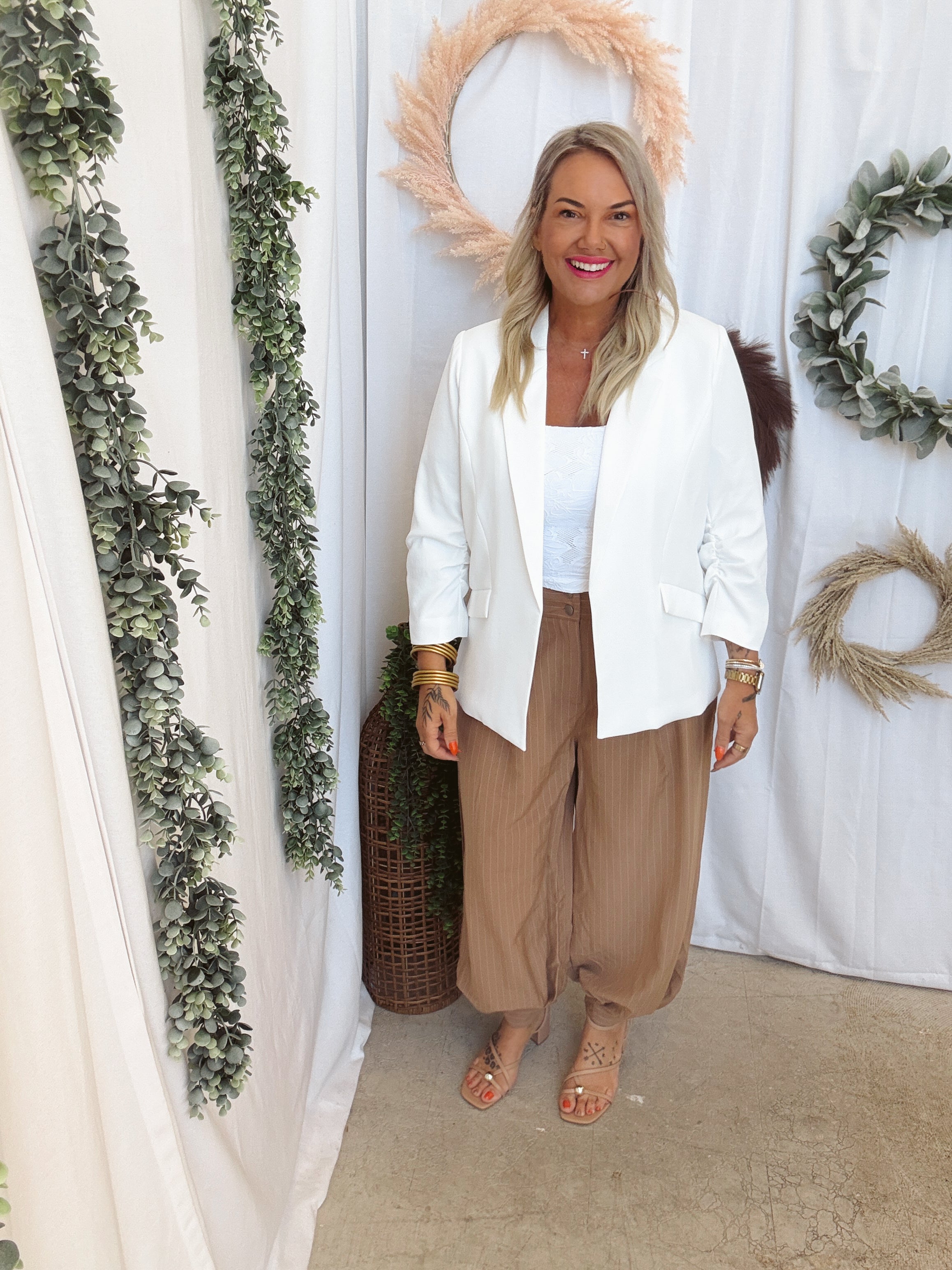 Pinstripe Trousers-Tan-Pants-hyfve-The Silo Boutique, Women's Fashion Boutique Located in Warren and Grand Forks North Dakota
