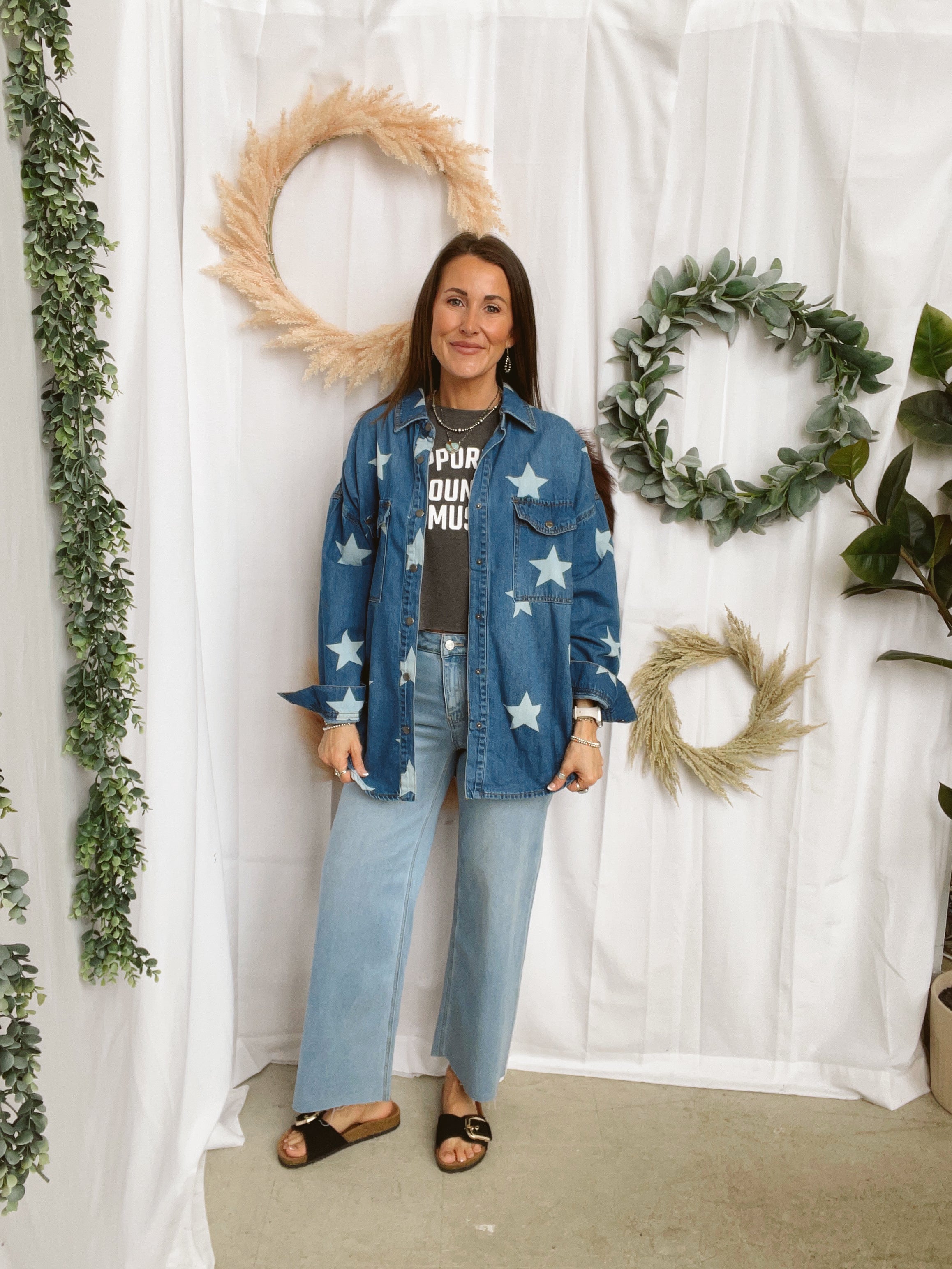 Risen Seeing Stars Denim Shirt-Long Sleeve Tops-risen-The Silo Boutique, Women's Fashion Boutique Located in Warren and Grand Forks North Dakota