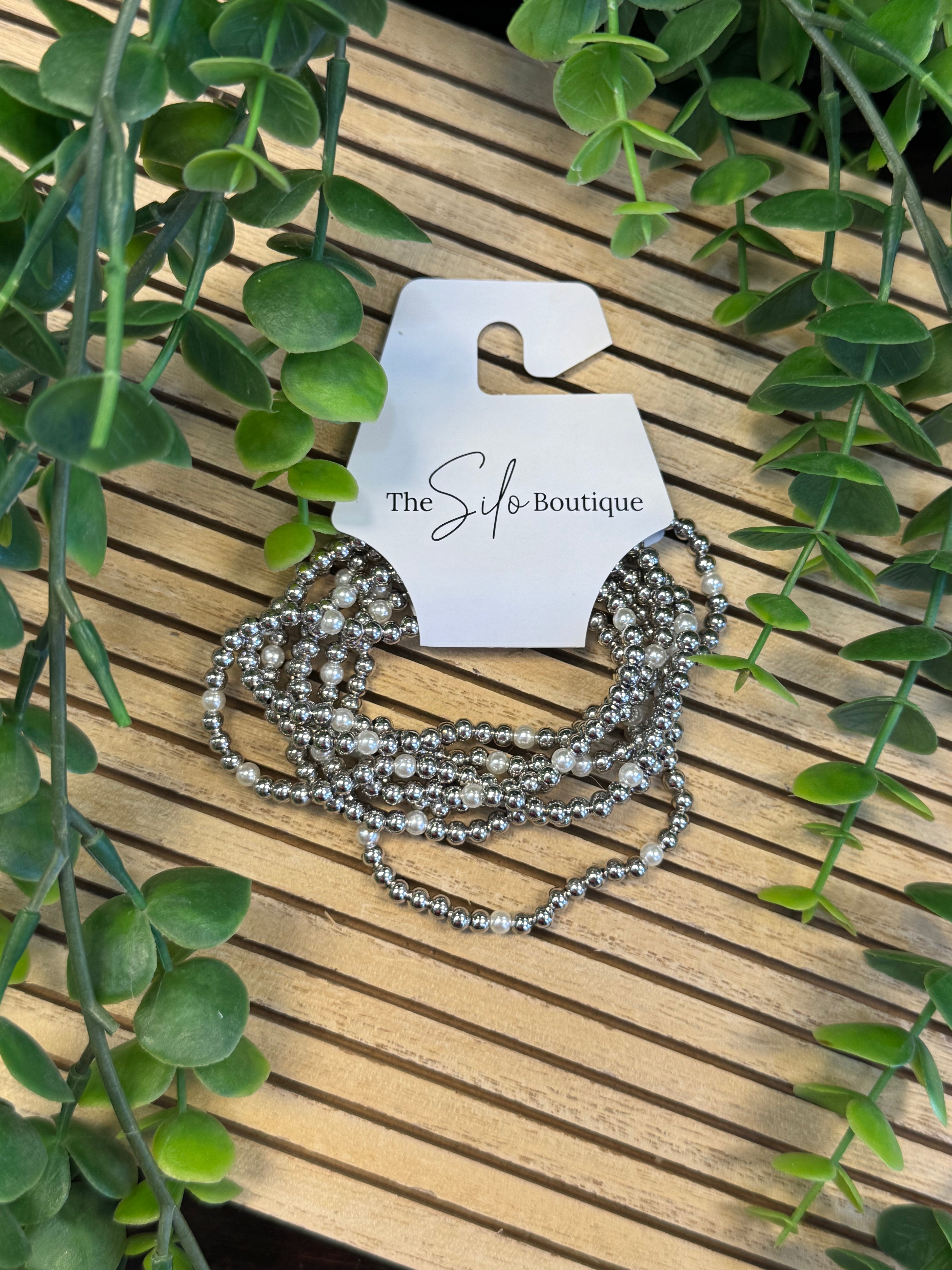 Silver and Pearl Beaded Bracelets Set-Bracelets-Dallas Market-The Silo Boutique, Women's Fashion Boutique Located in Warren and Grand Forks North Dakota