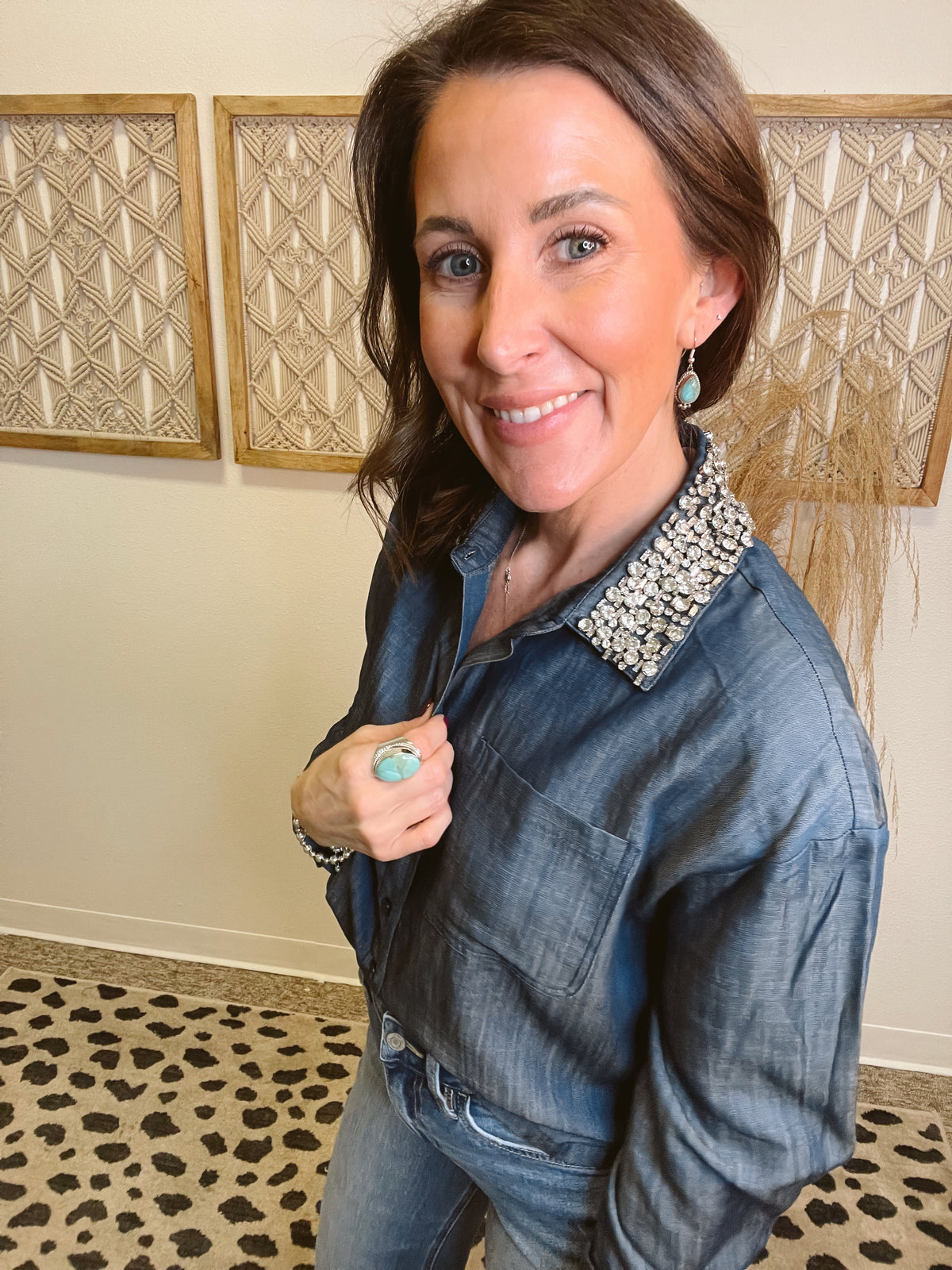 Elan Emily Rhinestone Top-Denim-Long Sleeve Tops-elan-The Silo Boutique, Women's Fashion Boutique Located in Warren and Grand Forks North Dakota