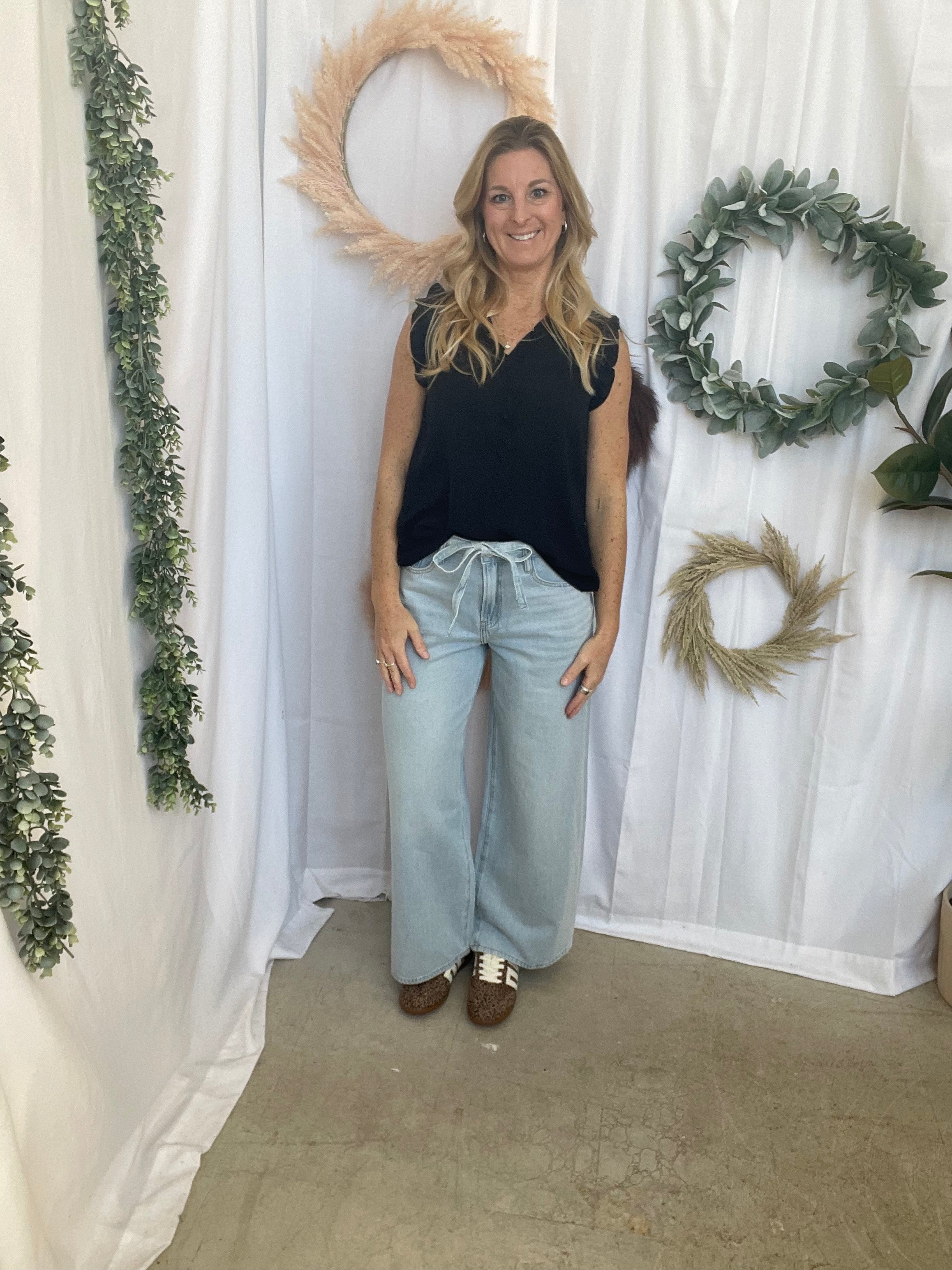 Frilled Split Neck Top-Black-Tank Tops-staccato-The Silo Boutique, Women's Fashion Boutique Located in Warren and Grand Forks North Dakota
