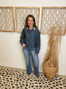 Elan Emily Rhinestone Top-Denim-Long Sleeve Tops-elan-The Silo Boutique, Women's Fashion Boutique Located in Warren and Grand Forks North Dakota