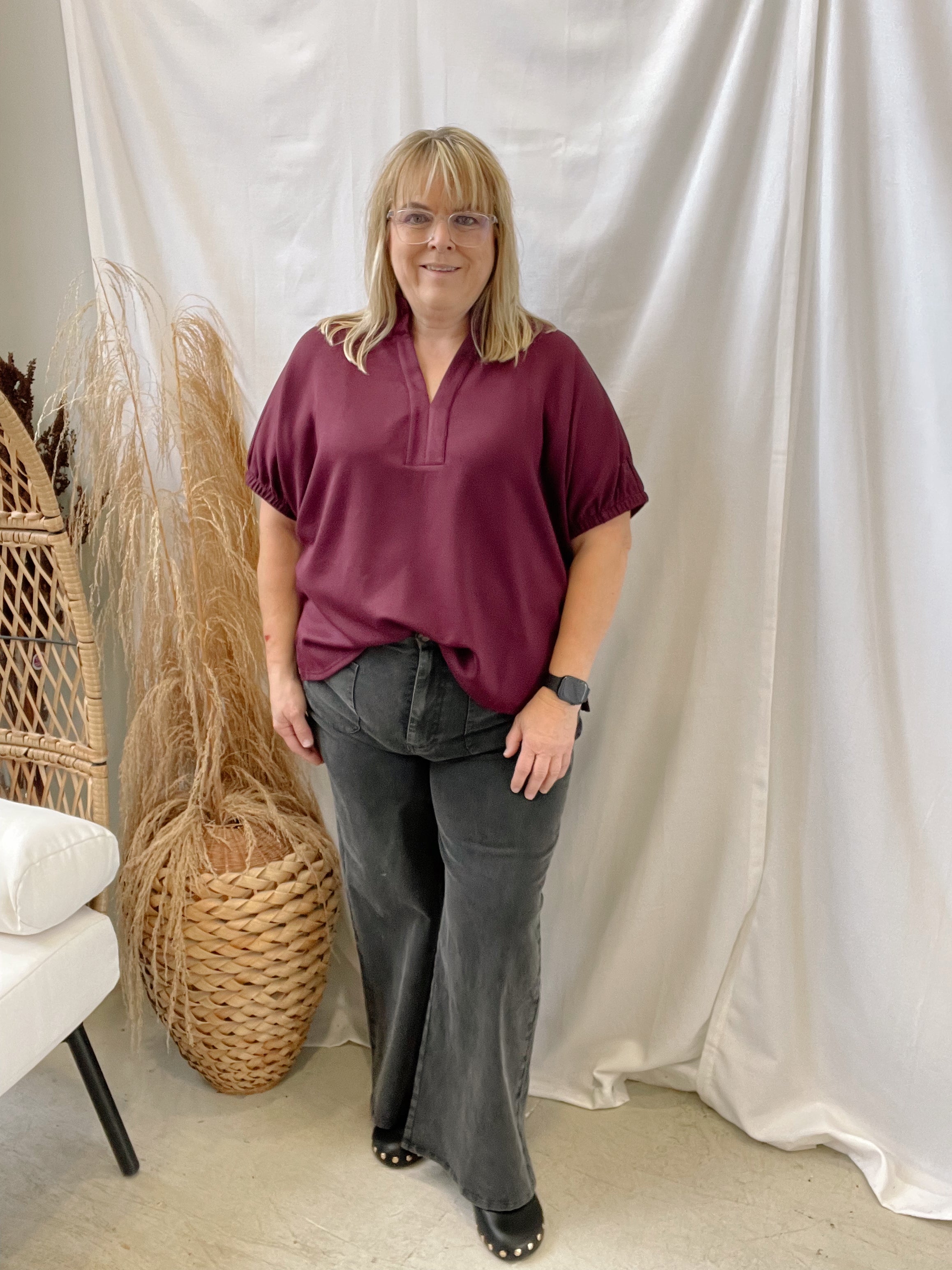 V Neck Collar Band Top-Burgundy-Short Sleeve Tops-entro-The Silo Boutique, Women's Fashion Boutique Located in Warren and Grand Forks North Dakota