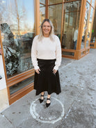 Black Leather Flare Midi Skirt-Skirts-bluivy-The Silo Boutique, Women's Fashion Boutique Located in Warren and Grand Forks North Dakota