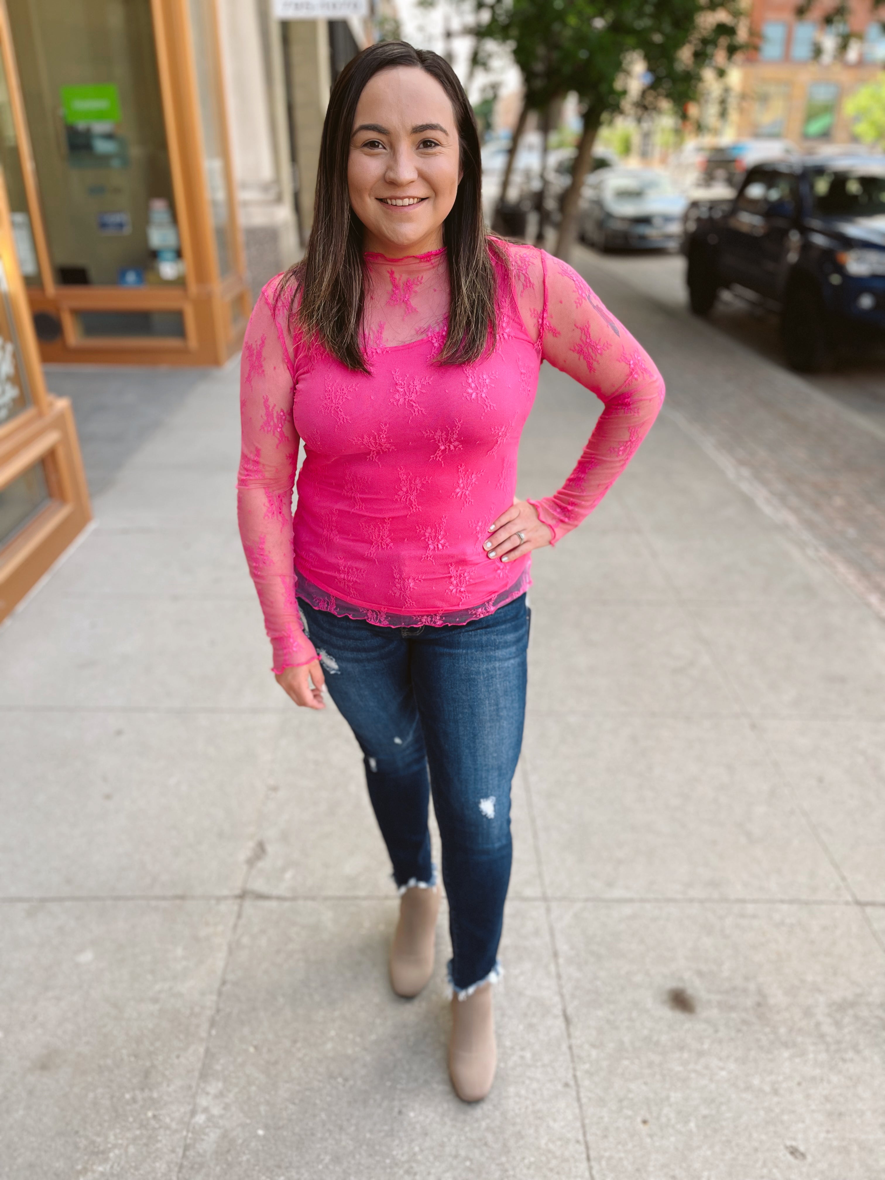 Hot Pink Lace Mesh Top-Long Sleeve Tops-sewn and see-The Silo Boutique, Women's Fashion Boutique Located in Warren and Grand Forks North Dakota