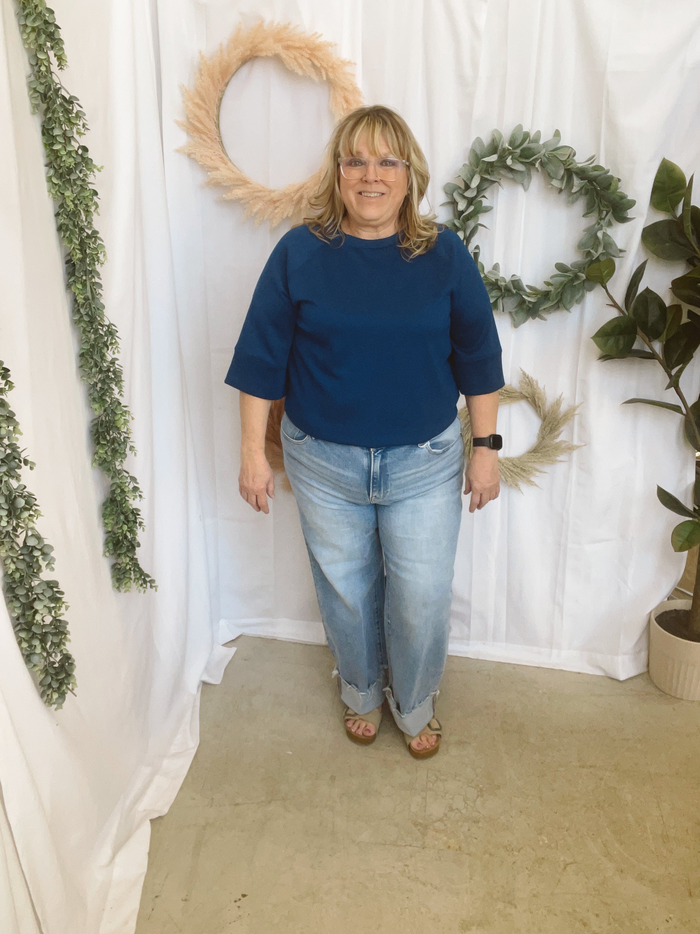 Louisa Scuba Quarter Sleeve Top-Navy-The Silo Boutique-The Silo Boutique, Women's Fashion Boutique Located in Warren and Grand Forks North Dakota
