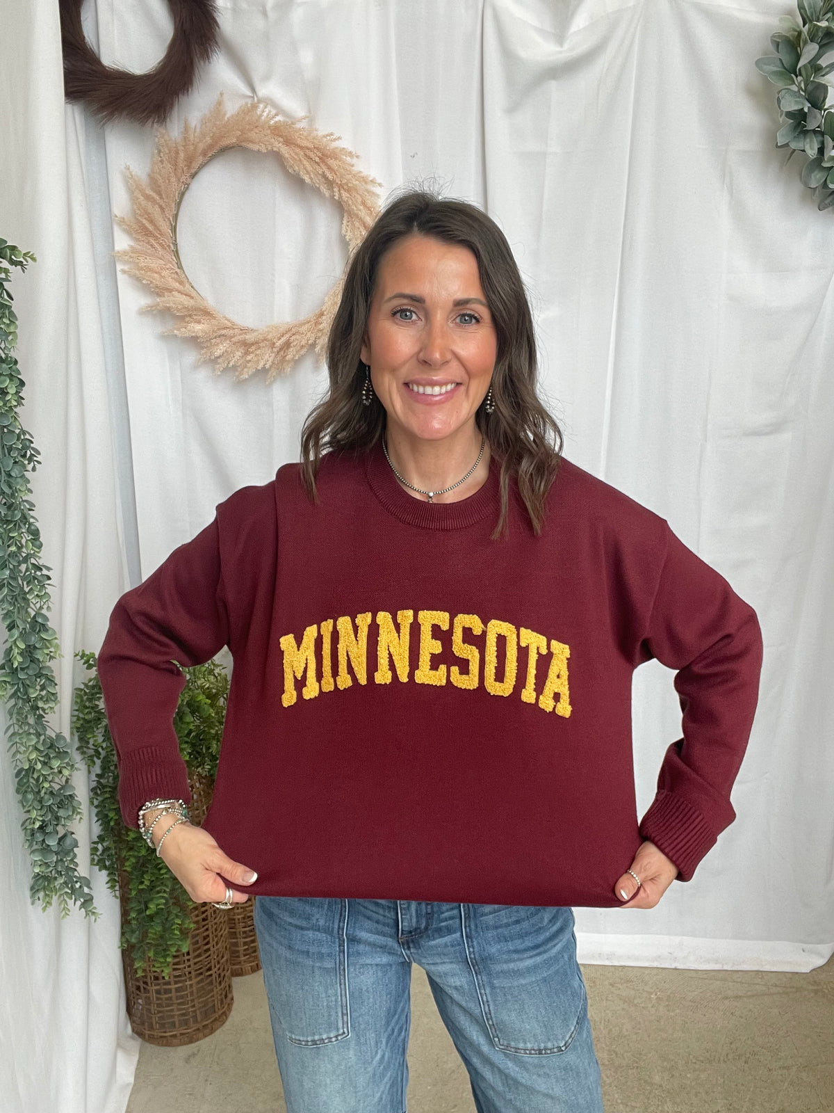 Leia Minnesota Pom Sweater-Maroon-Sweaters-Leia-The Silo Boutique, Women's Fashion Boutique Located in Warren and Grand Forks North Dakota