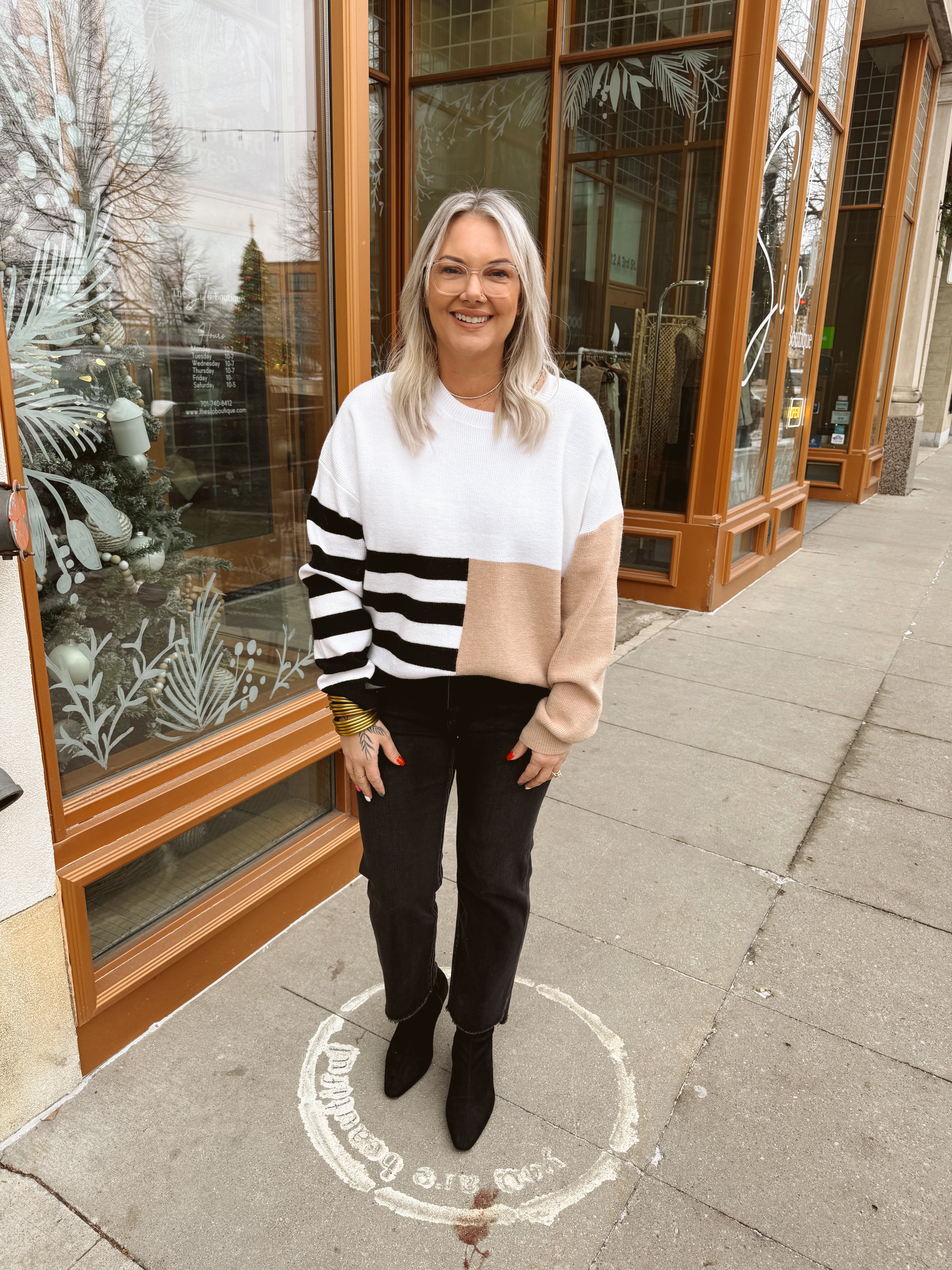 Color Block & Stripe Knit Sweater-Long Sleeve Tops-ENTRO-The Silo Boutique, Women's Fashion Boutique Located in Warren and Grand Forks North Dakota