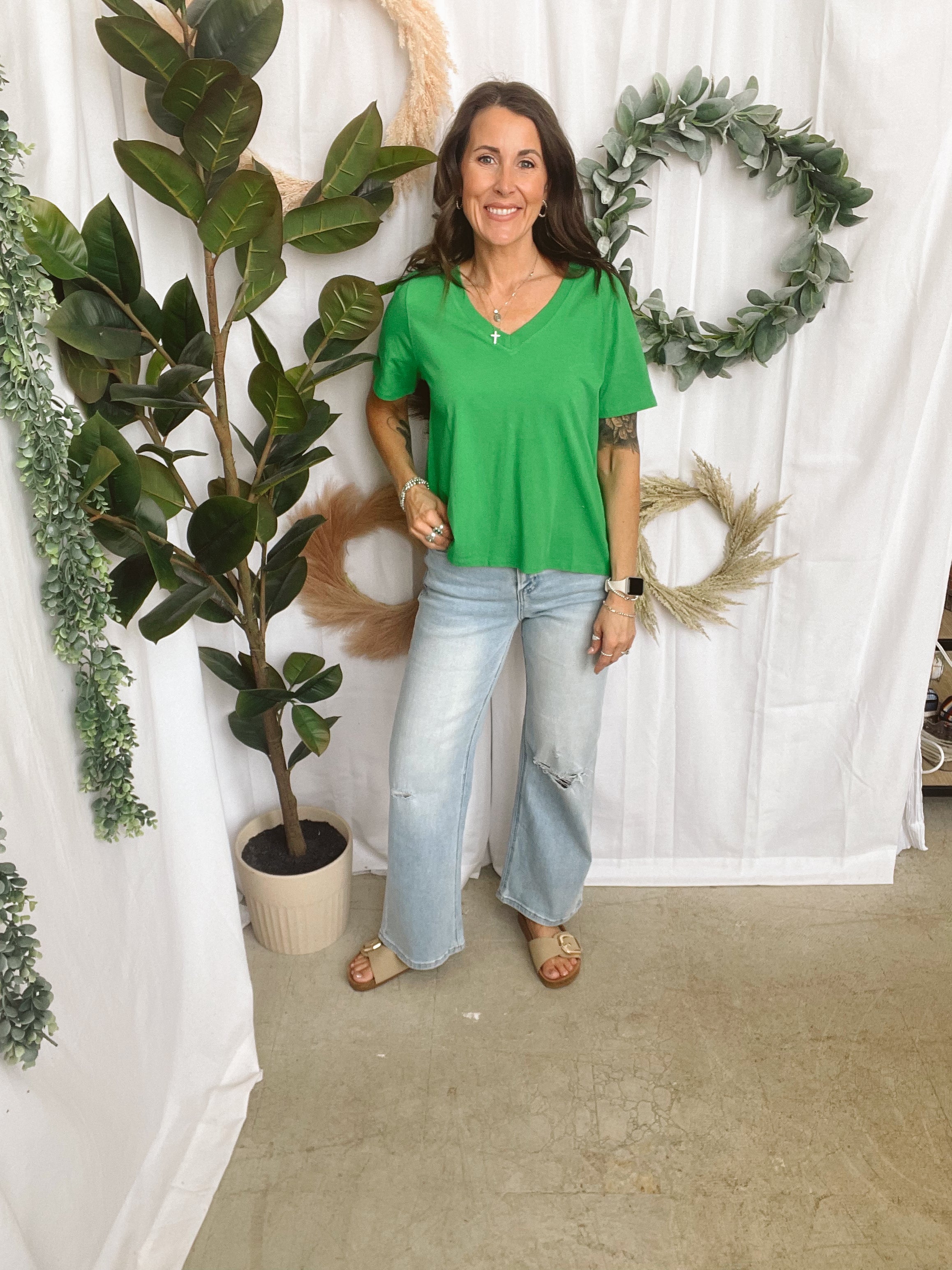 Mono Pima V Neck Tee-Green Pop-Short Sleeve Tops-mono b-The Silo Boutique, Women's Fashion Boutique Located in Warren and Grand Forks North Dakota