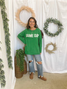 Just in Time Gameday Sweater-Green-Sweaters-timing-The Silo Boutique, Women's Fashion Boutique Located in Warren and Grand Forks North Dakota