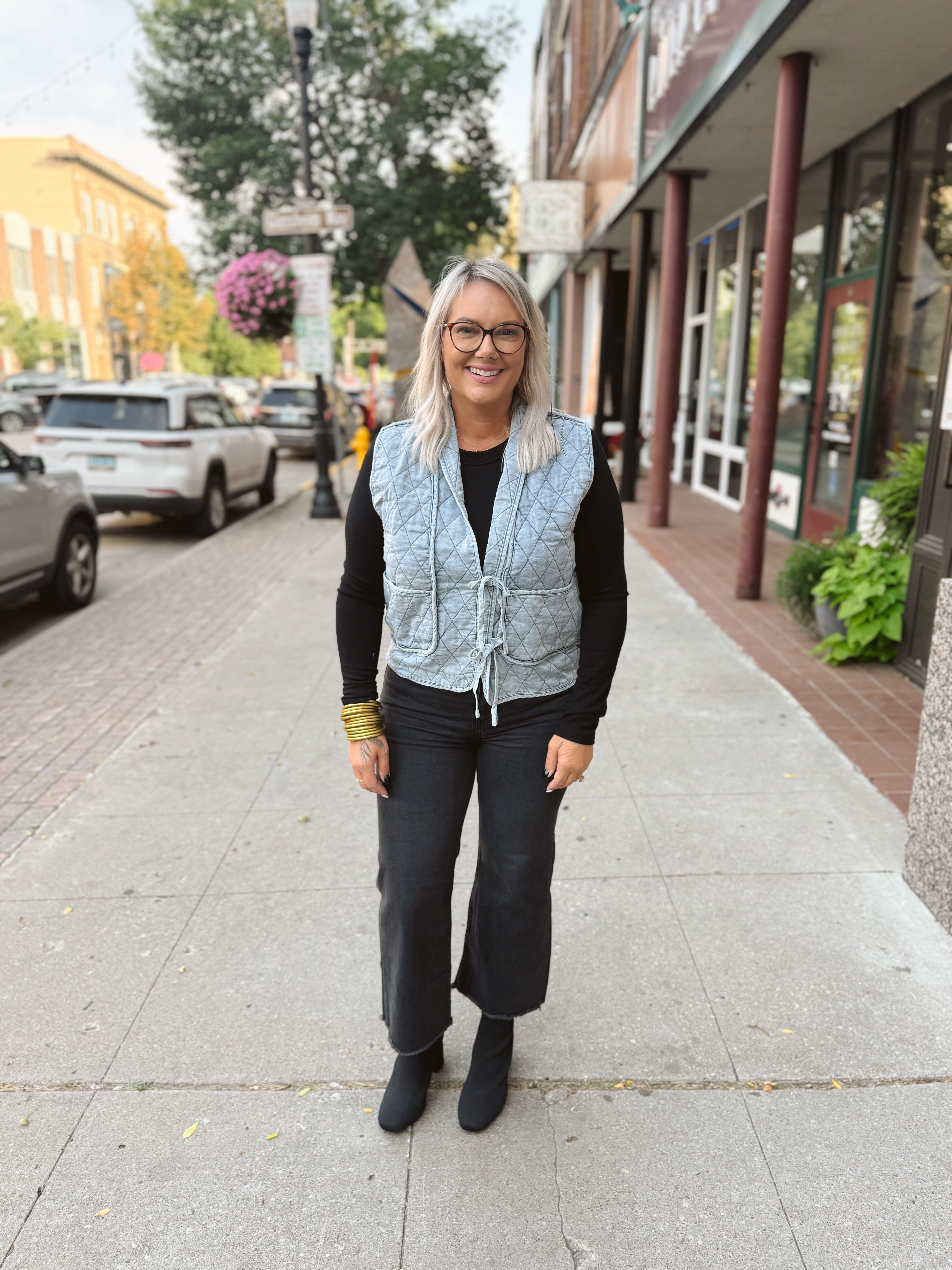 Quilted Denim Vest with Tie Detail-Vests-ENTRO-The Silo Boutique, Women's Fashion Boutique Located in Warren and Grand Forks North Dakota