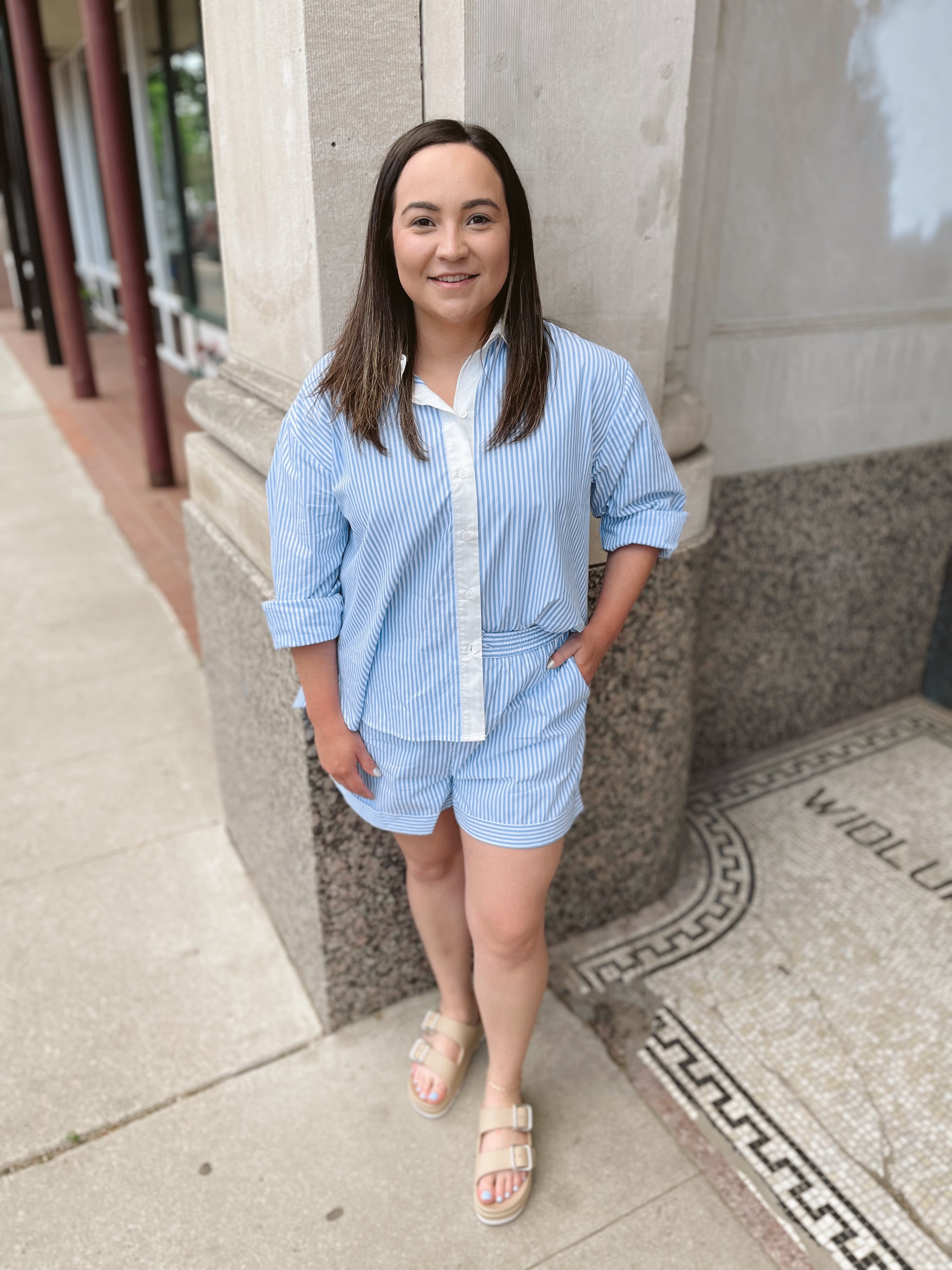 Skies Stripe Contrast Button Up Top-Final Sale Online Only-Long Sleeve Tops-skies are blue-The Silo Boutique, Women's Fashion Boutique Located in Warren and Grand Forks North Dakota