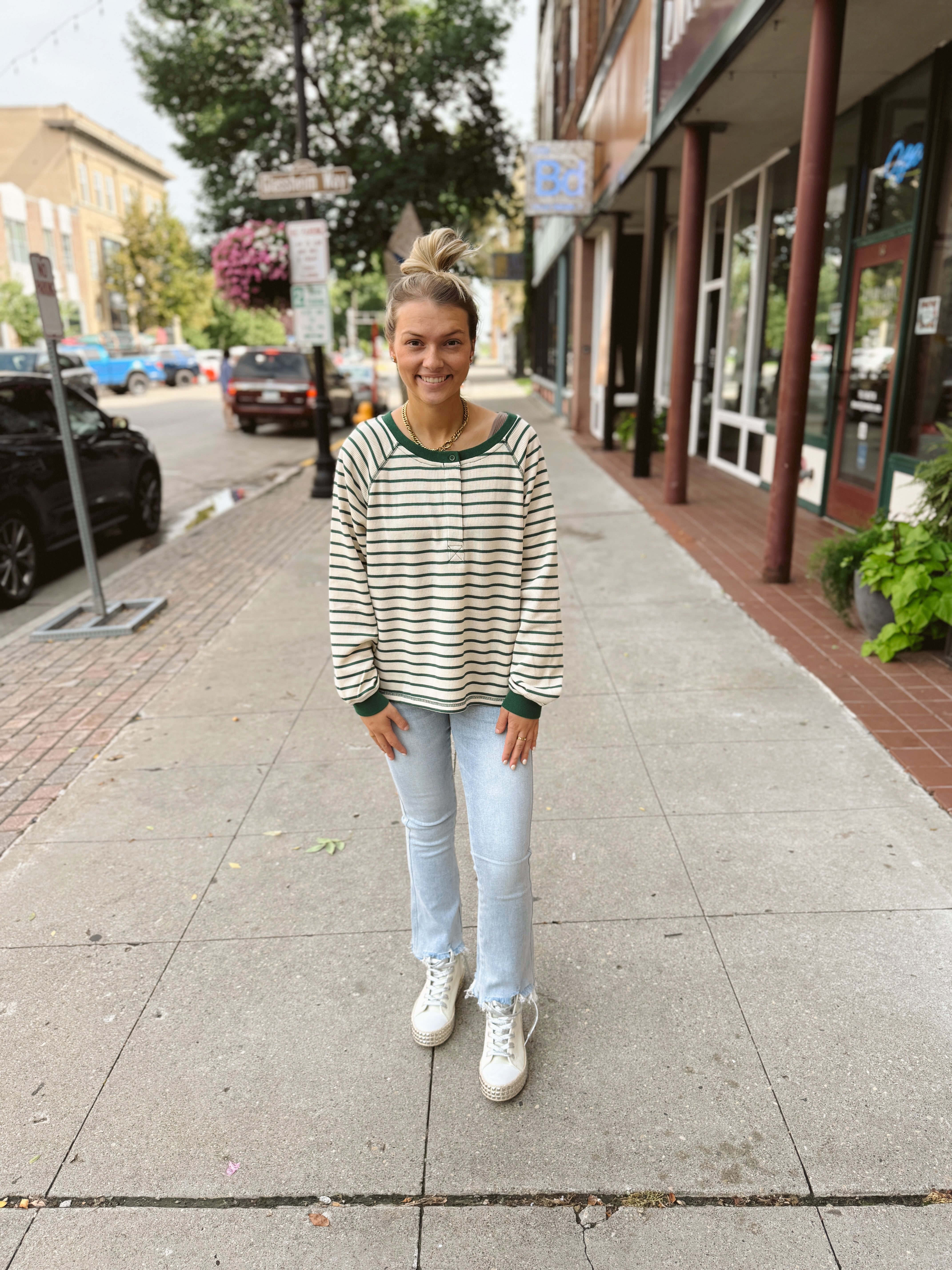 Green Striped Henley Top-Long Sleeve Tops-hem and thread-The Silo Boutique, Women's Fashion Boutique Located in Warren and Grand Forks North Dakota