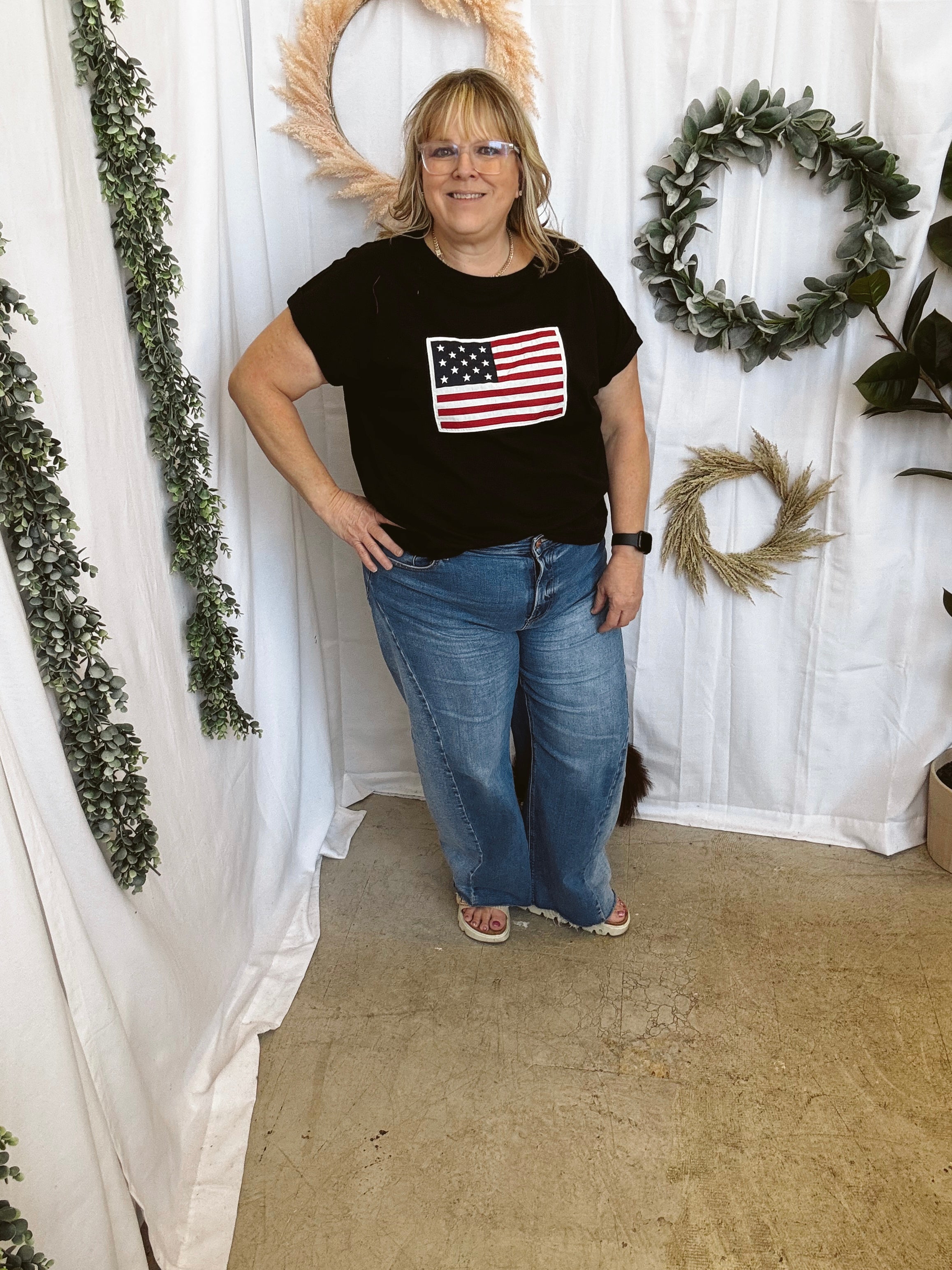 Leah American Flag Tee-Black-Short Sleeve Tops-Zenana-The Silo Boutique, Women's Fashion Boutique Located in Warren and Grand Forks North Dakota