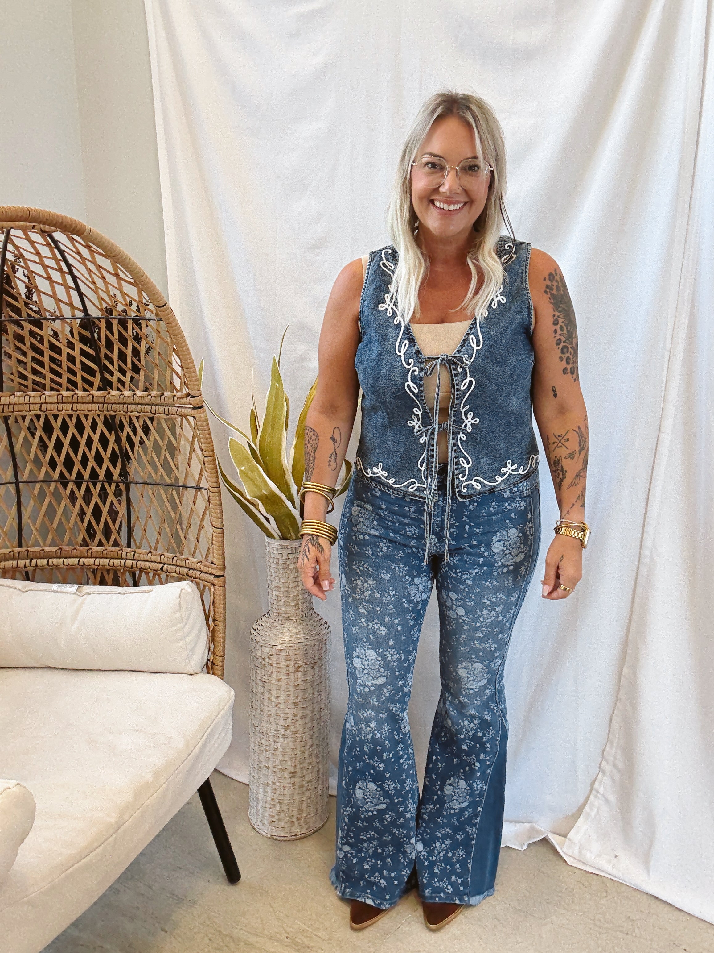 Denim Embroidered Vest-Vests-main-The Silo Boutique, Women's Fashion Boutique Located in Warren and Grand Forks North Dakota