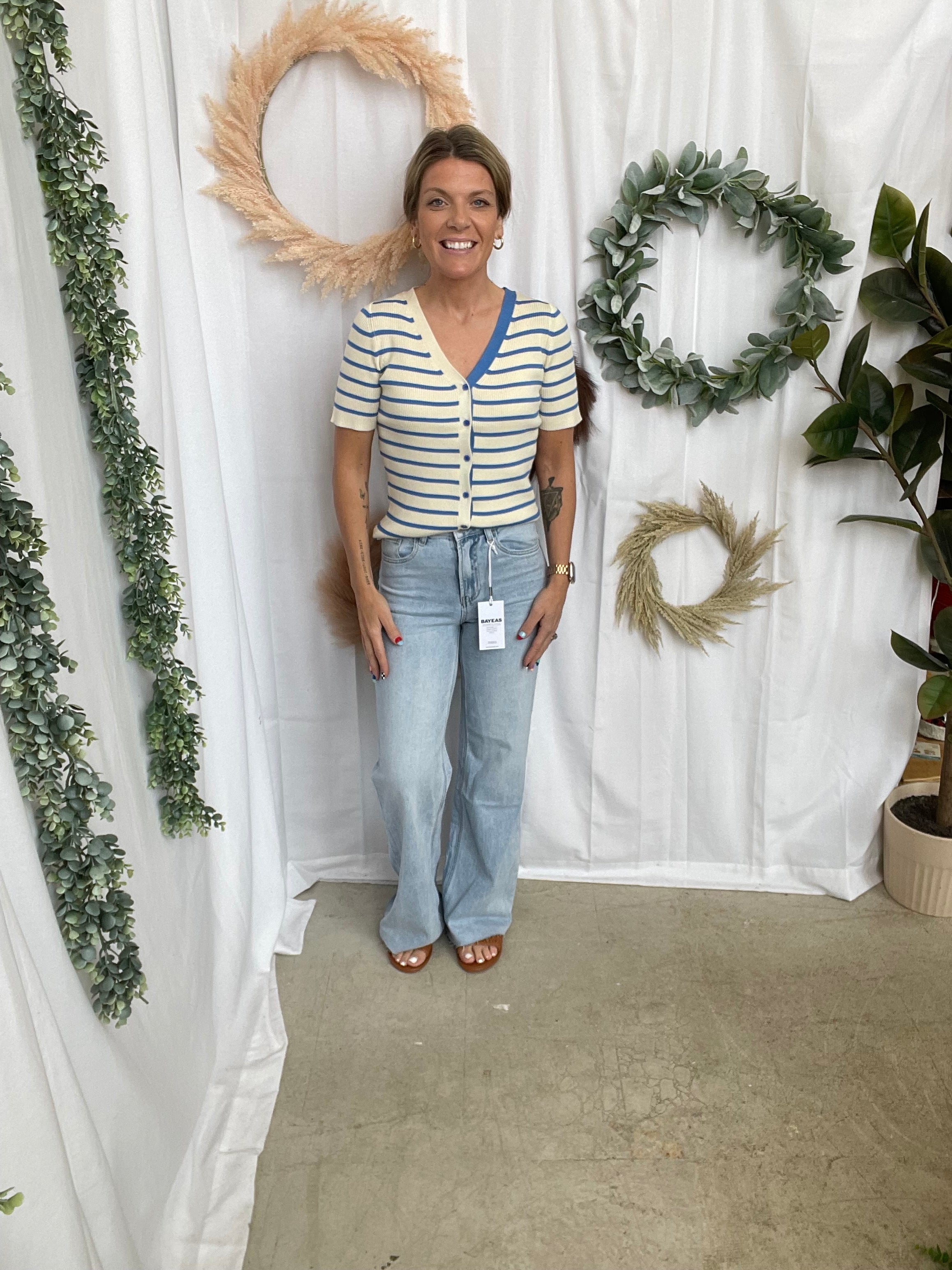 Blue Stripe V Neck Button Down Top-Tank Tops-stacatto-The Silo Boutique, Women's Fashion Boutique Located in Warren and Grand Forks North Dakota