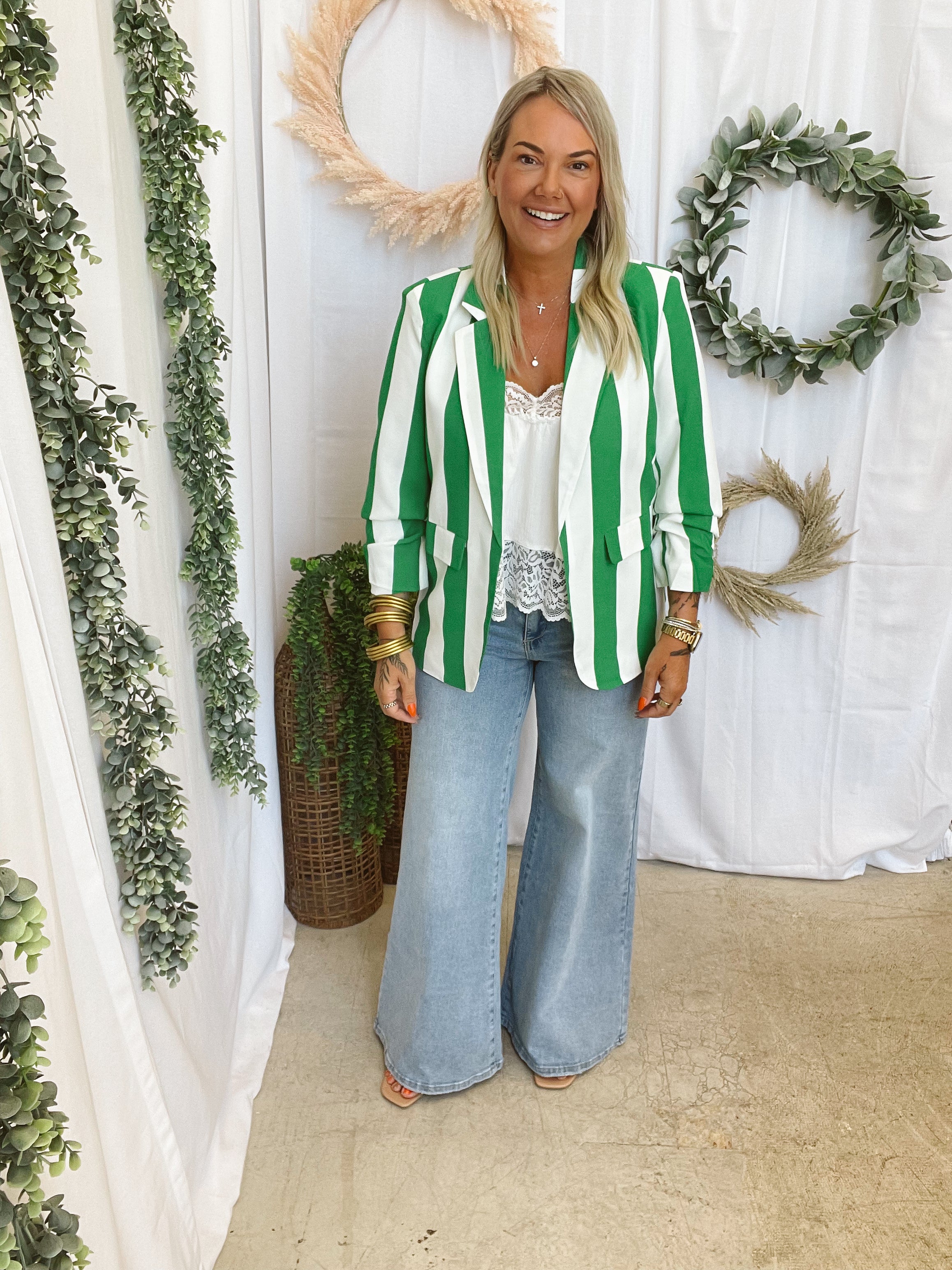 Viv Striped Blazer-Green-Blazers-oddi-The Silo Boutique, Women's Fashion Boutique Located in Warren and Grand Forks North Dakota