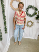 Red Stripe V Neck Button Down Top-Tank Tops-stacatto-The Silo Boutique, Women's Fashion Boutique Located in Warren and Grand Forks North Dakota