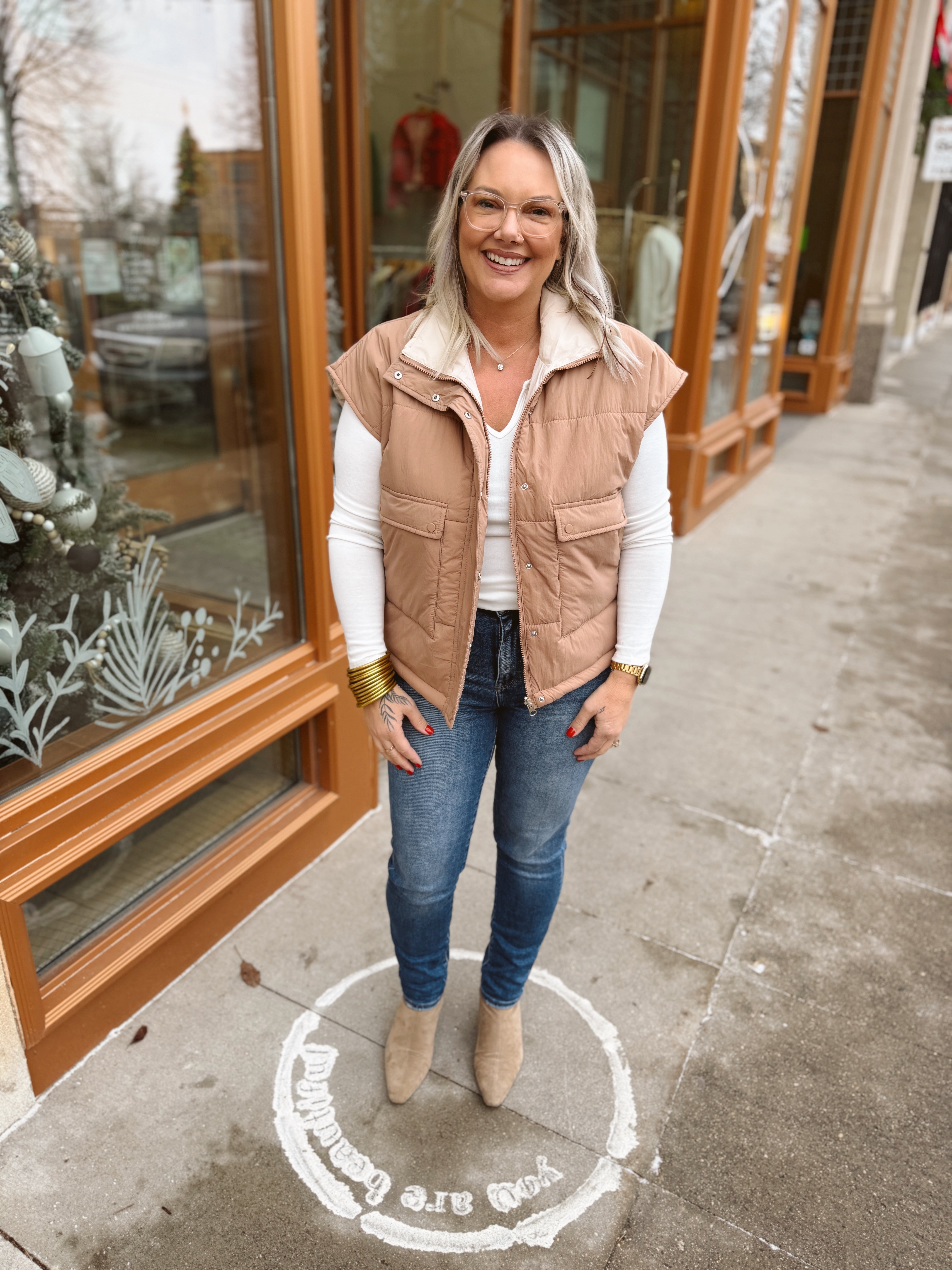 Blake Tan and Ivory Reversible Vest-Vests-blakely-The Silo Boutique, Women's Fashion Boutique Located in Warren and Grand Forks North Dakota