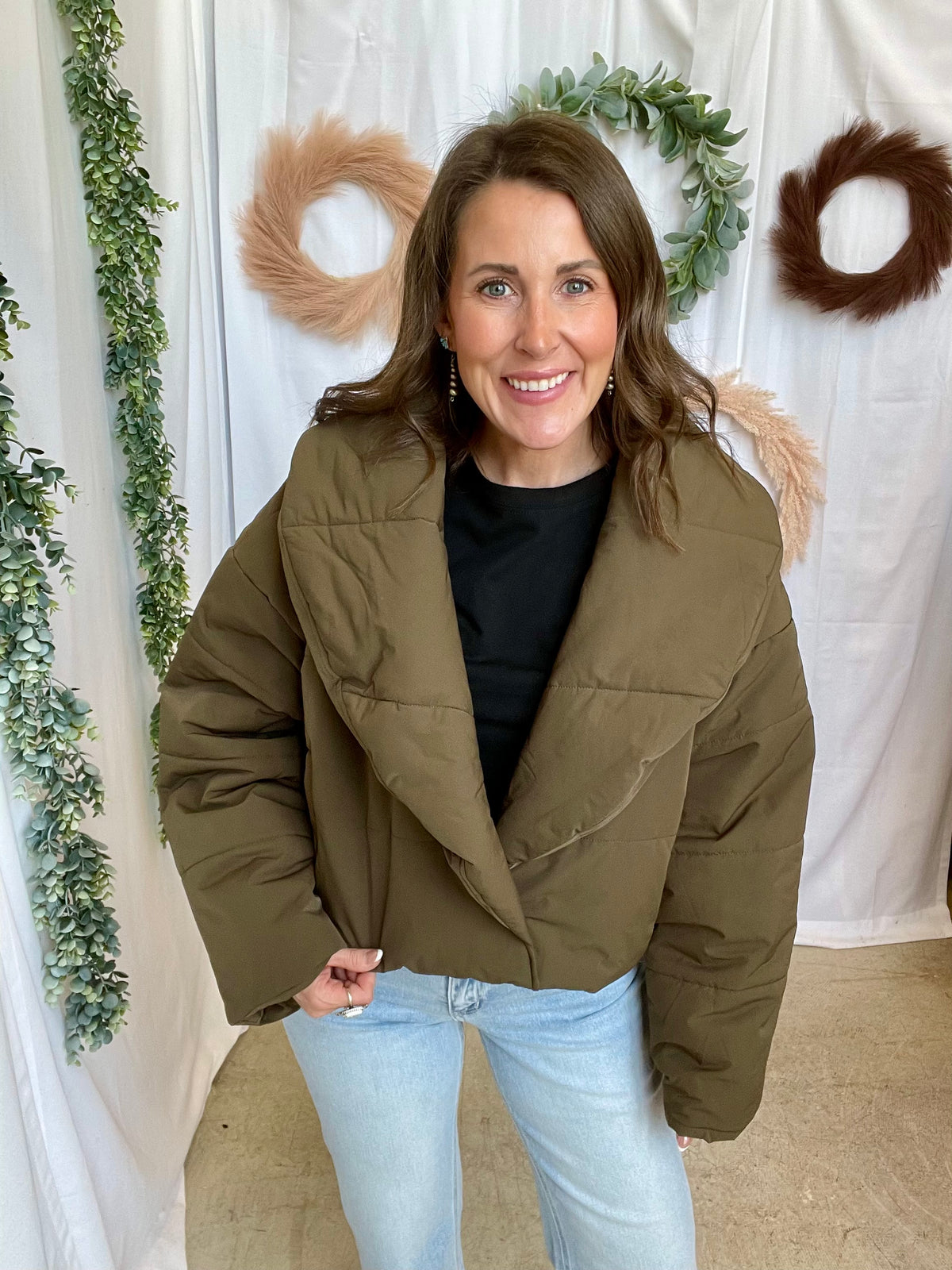 Muse Collared Puff Jacket-Olive-Coats & Jackets-miou muse-The Silo Boutique, Women's Fashion Boutique Located in Warren and Grand Forks North Dakota