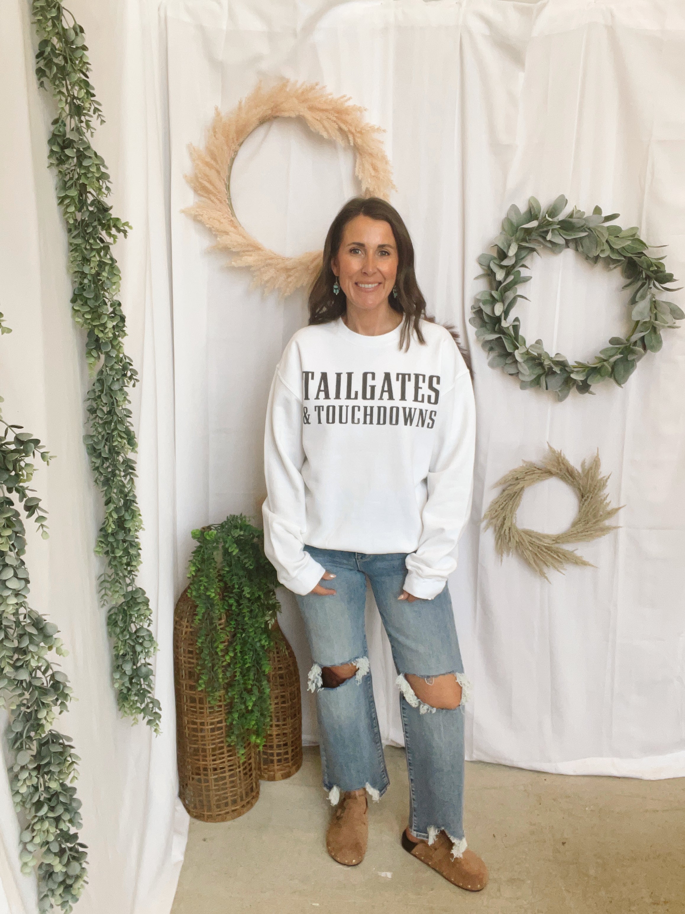 Tailgates and Touchdown Sweatshirt-White-Sweatshirts-weekender-The Silo Boutique, Women's Fashion Boutique Located in Warren and Grand Forks North Dakota