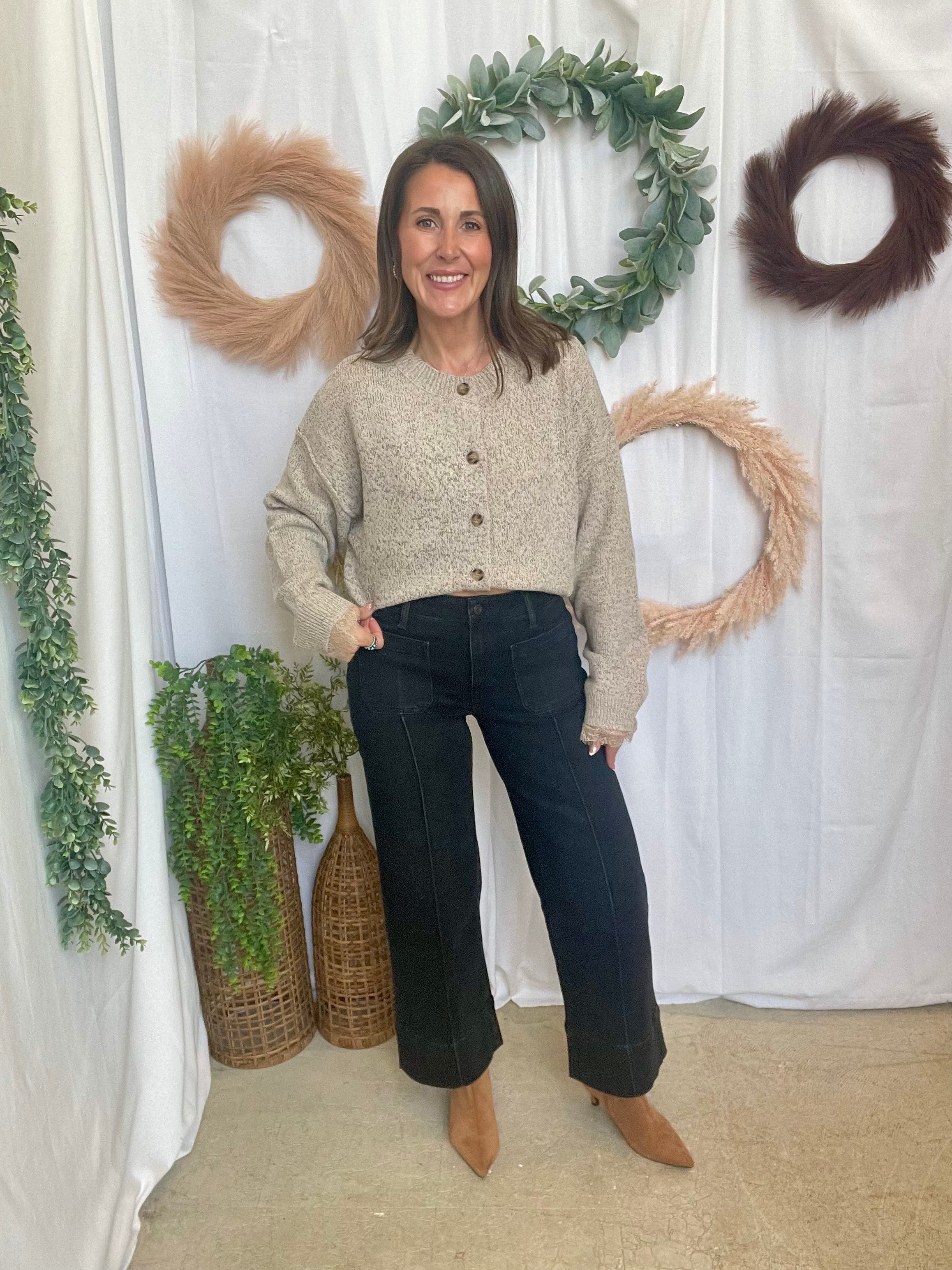 Sandy Lace Trim Cardigan-Oatmeal-Cardigans-blu pepper-The Silo Boutique, Women's Fashion Boutique Located in Warren and Grand Forks North Dakota