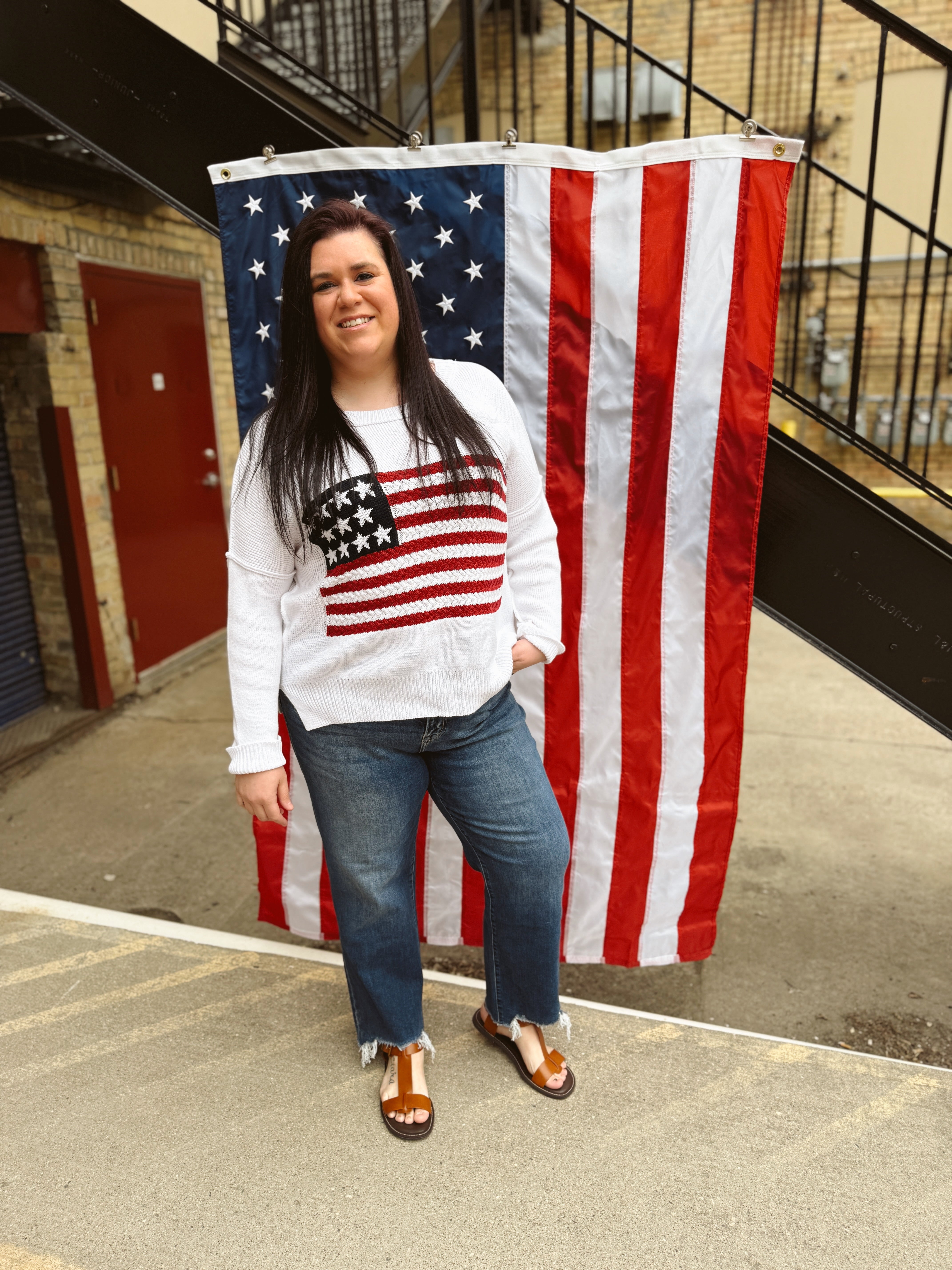 Ivory Knit Flag Sweater-Sweaters-miracle-The Silo Boutique, Women's Fashion Boutique Located in Warren and Grand Forks North Dakota