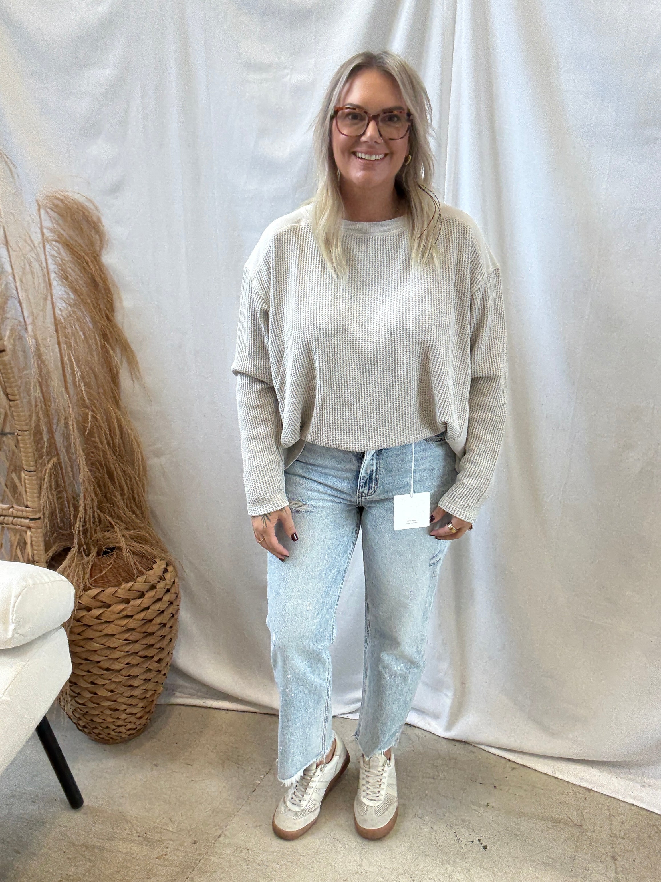 Rae Waffle High Low Top-Taupe-Long Sleeve Tops-rae mode-The Silo Boutique, Women's Fashion Boutique Located in Warren and Grand Forks North Dakota