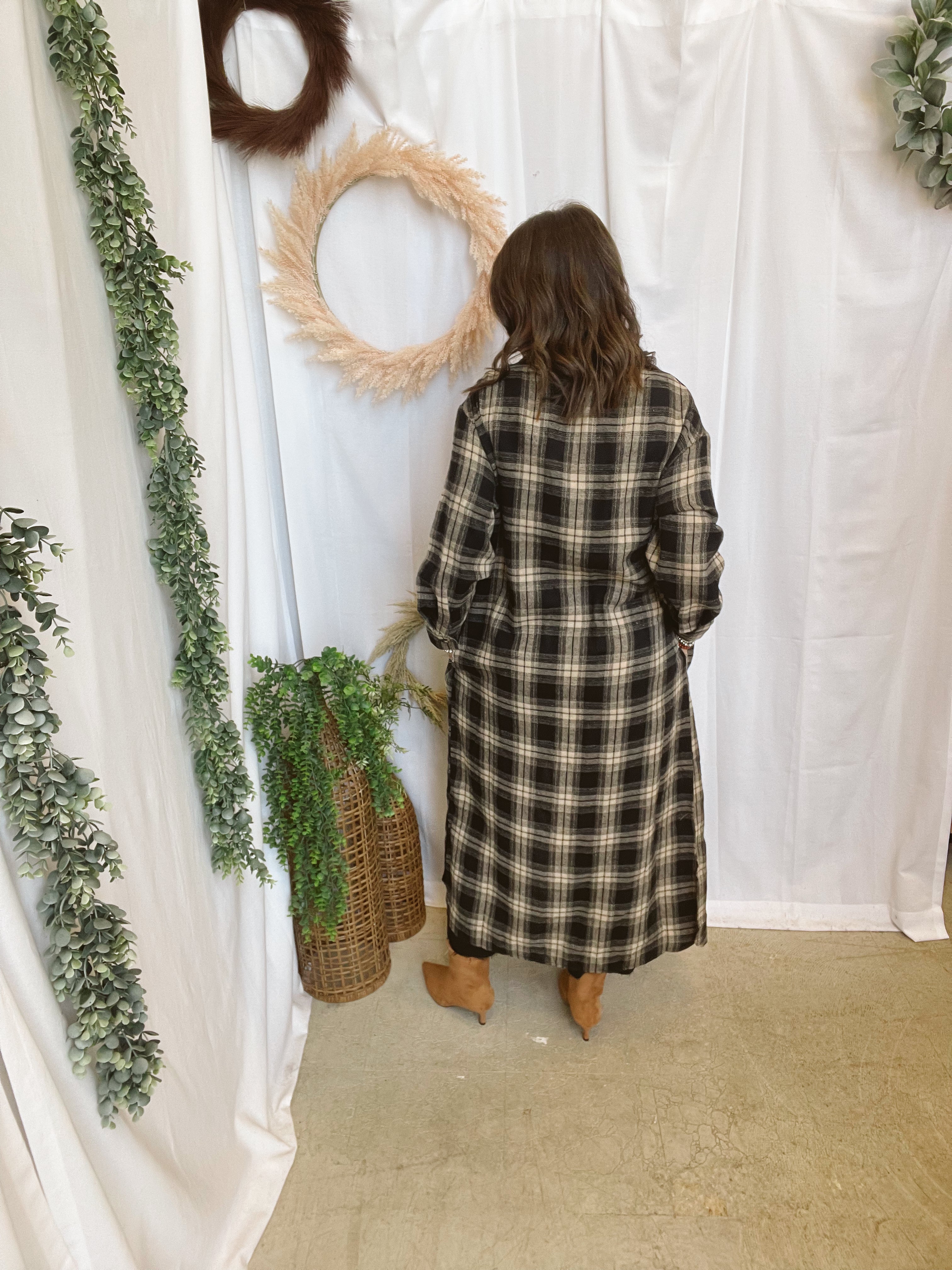 Panache Long Flannel-Black Mix-Cardigans-panaache-The Silo Boutique, Women's Fashion Boutique Located in Warren and Grand Forks North Dakota