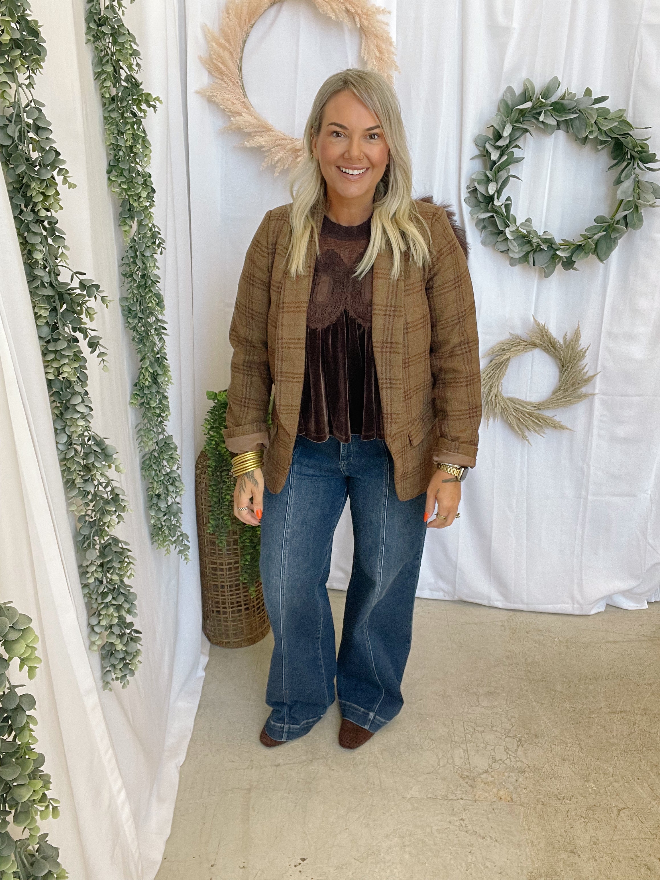 Bella Plaid Blazer-Toffee Mix-Blazers-mystree-The Silo Boutique, Women's Fashion Boutique Located in Warren and Grand Forks North Dakota