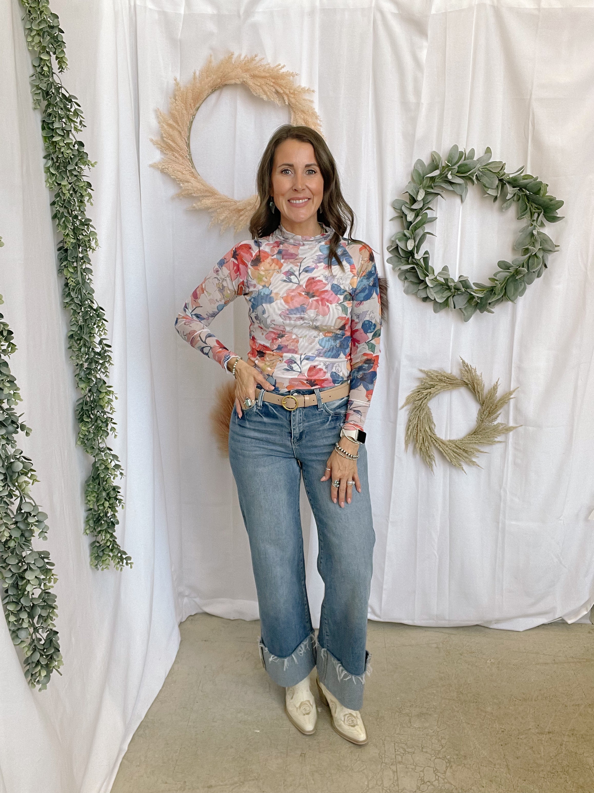 Abstract Floral Mesh Top-Graphic Tees-panache-The Silo Boutique, Women's Fashion Boutique Located in Warren and Grand Forks North Dakota