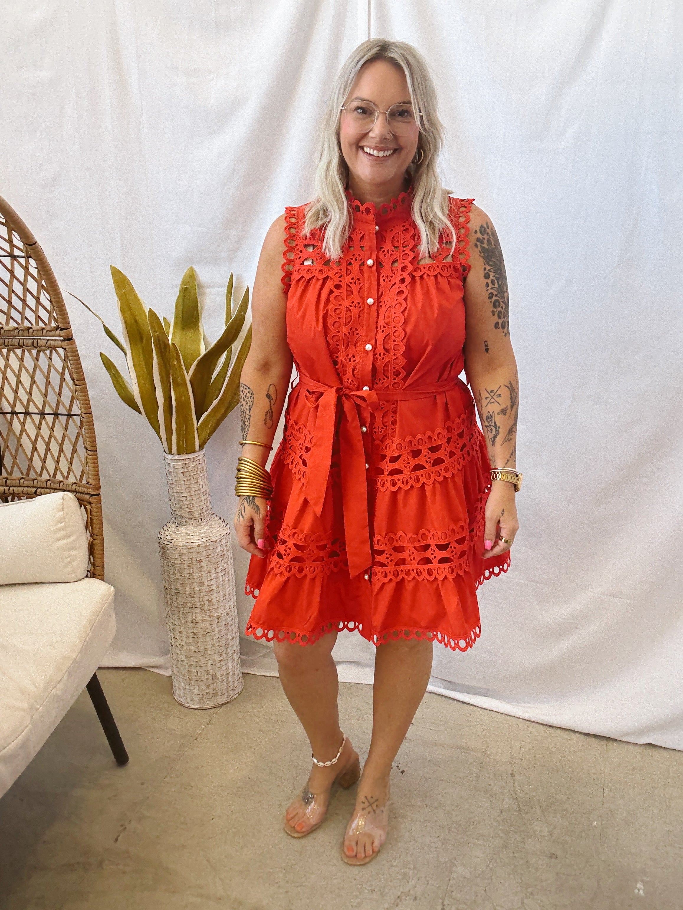 Red Lace and Pearls Dress-Final Sale-Dresses-ENTRO-The Silo Boutique, Women's Fashion Boutique Located in Warren and Grand Forks North Dakota