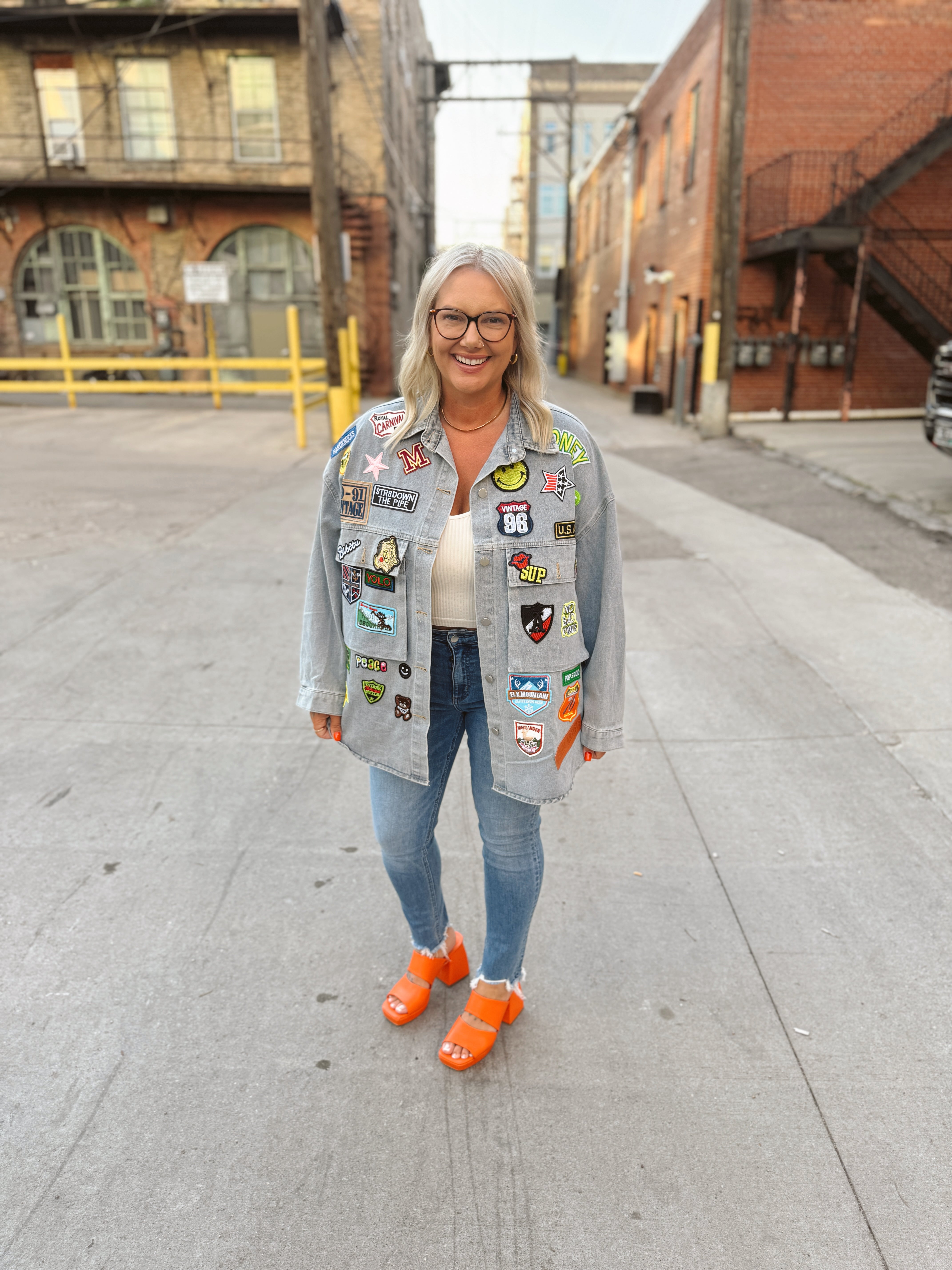 Patches Denim Jacket-Coats & Jackets-jade-The Silo Boutique, Women's Fashion Boutique Located in Warren and Grand Forks North Dakota