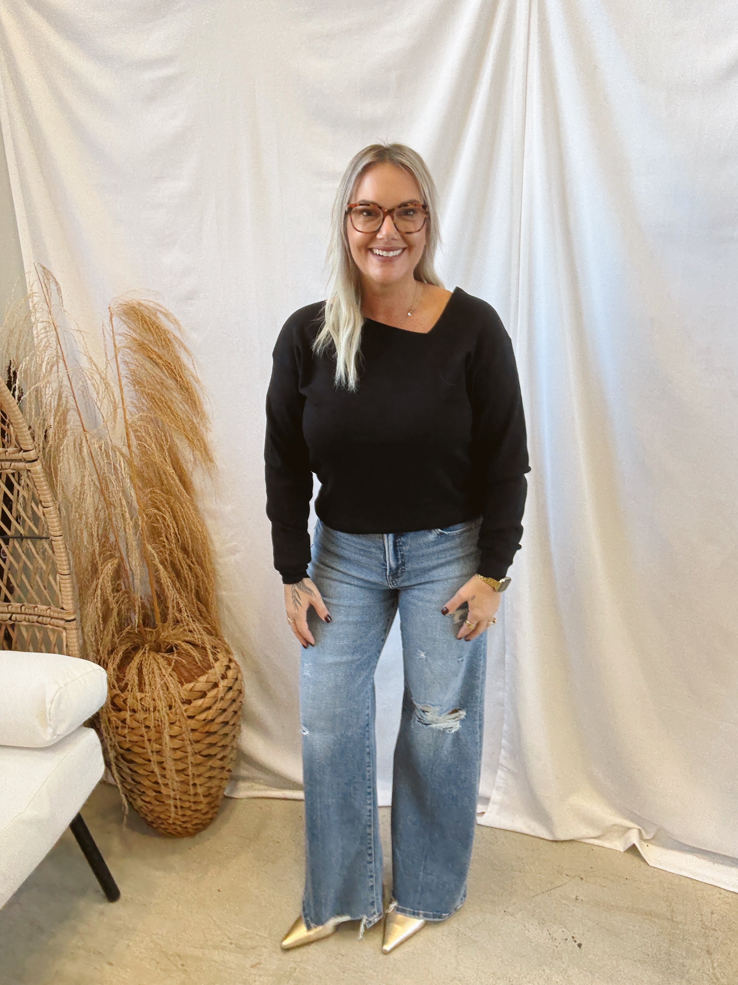 Asymmetric Neck Sweater-Black-Sweaters-stacatto-The Silo Boutique, Women's Fashion Boutique Located in Warren and Grand Forks North Dakota