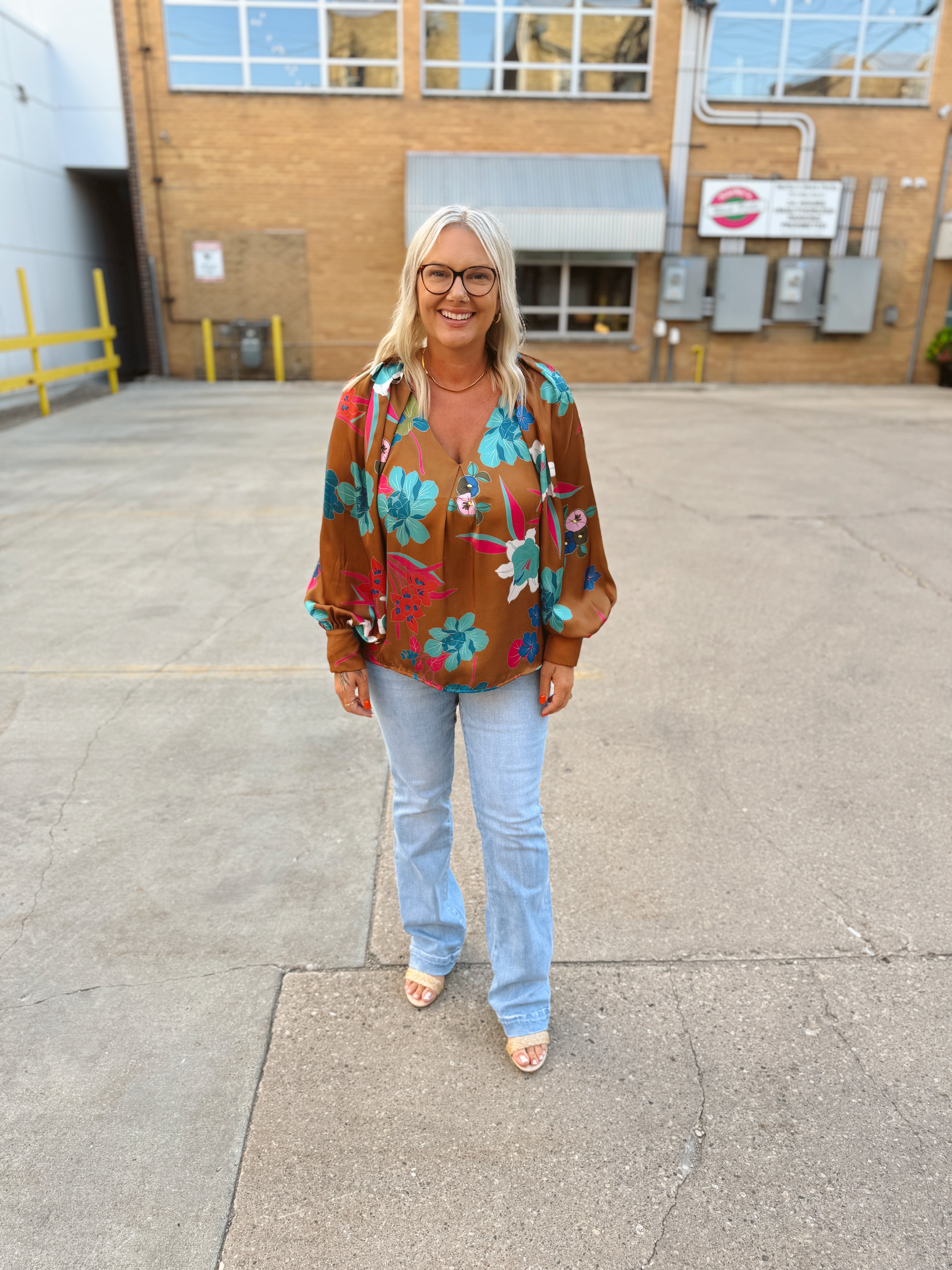 Camel Satin Floral Top-Long Sleeve Tops-ENTRO-The Silo Boutique, Women's Fashion Boutique Located in Warren and Grand Forks North Dakota