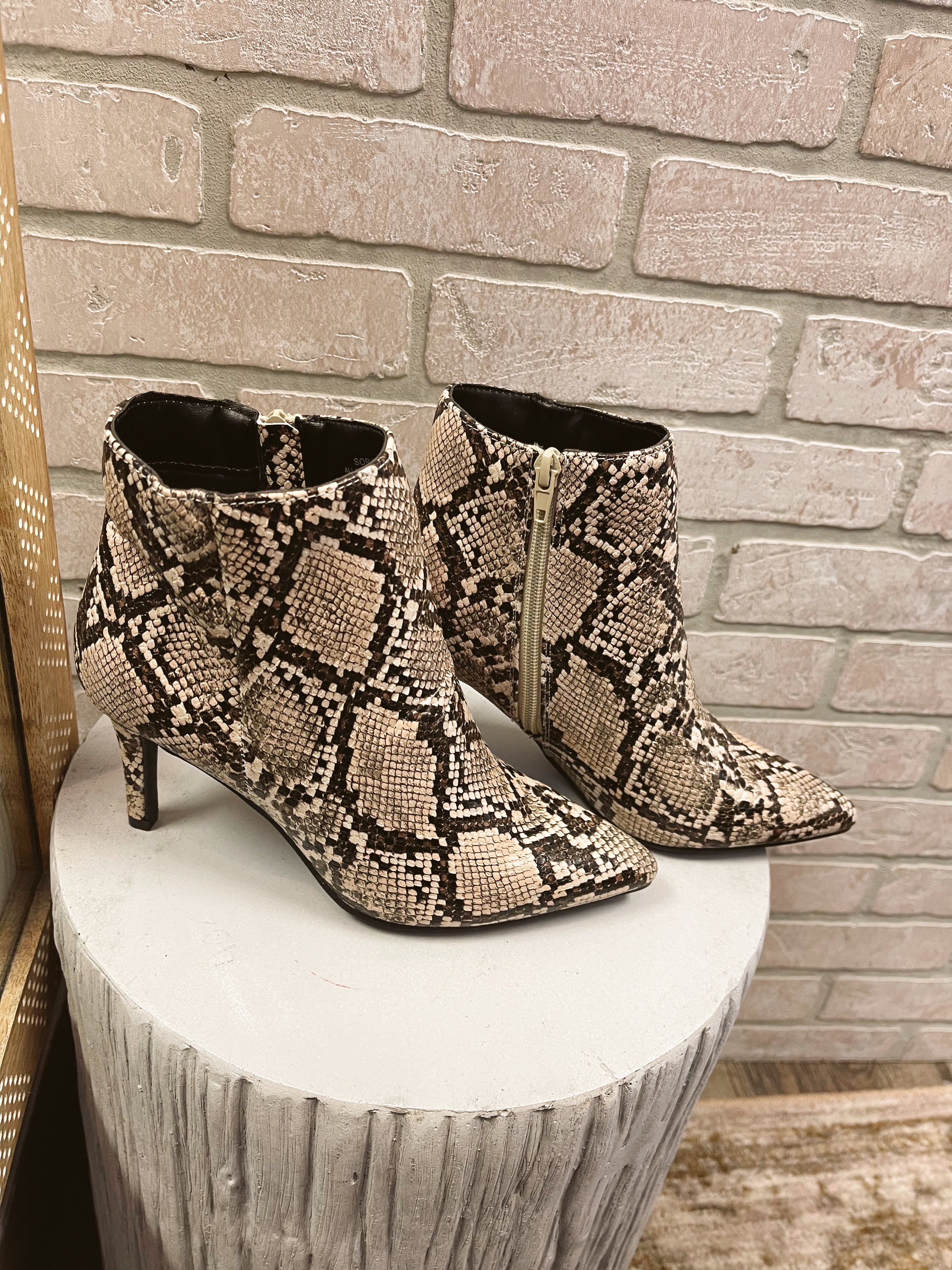 Bamboo Soraya Beige Snake Bootie-Final Sale-Boots-bamboo-The Silo Boutique, Women's Fashion Boutique Located in Warren and Grand Forks North Dakota